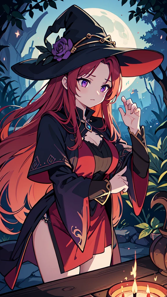 A red-haired sorceress with mesmerizing eyes and enchanting lips stands in a magical night garden, her fingertips reaching out for a crow. The scene is bathed in a mysterious glow, with soft moonlight casting shadows on the lush foliage surrounding her. The witch is dressed in a flowing robe adorned with intricate patterns, representing her powerful connection to the arcane arts. The crow, with feathers as dark as the night, perches on a twisted branch, its eyes filled with intelligence and mischief. As the sorceress extends her hand, a subtle swirl of vibrant red and purple magic begins to envelop her and the crow, hinting at the immense power she possesses. The atmosphere is filled with an air of both danger and intrigue, as if the witch is about to embark on an epic quest in a mystical RPG adventure. The artwork is of the highest quality, with an emphasis on ultra-detailed elements, realistic textures, and vivid colors. The lighting is carefully crafted to create a sense of depth and drama, with moonlight casting delicate highlights and shadows on the witch and her surroundings. This prompt promises to generate a masterpiece, capturing the essence of witchcraft and the allure of a sorceress immersed in a world of magic and mystery.