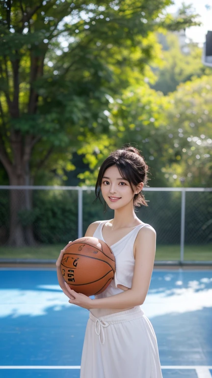 (8k, best quality, masterpiece: 1.2), (photo-realistic: 1.37), highly detailed, ultra-high resolution, professional lighting, photon mapping, radiosity, physically based rendering, cinematic lighting, basketball court, depth of field, sharp focus, sunlight, good composition, (bokeh:1.2) 1 naked girl, nude, perfect anatomy, (full body), very small breasts, pink pussy, detailed face, detailed eyes, perfect face, complete fingers, smiling, standing pose, holding basketball, slim waist, short black hair (messy, floating in the wind), (ulzzang-6500:1.2) mix4, highbody