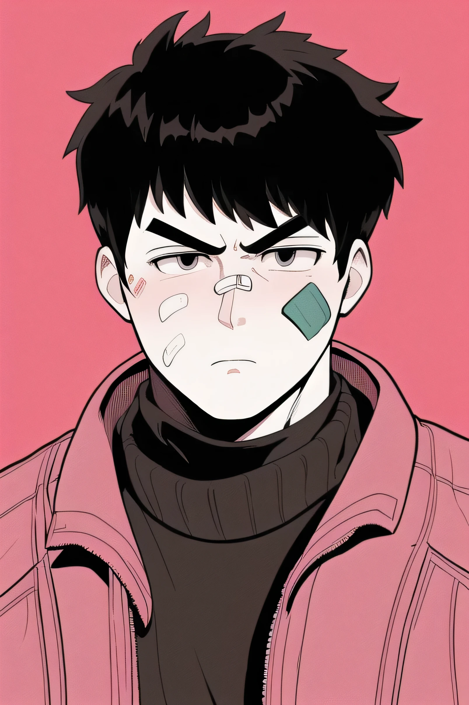 1Fat young man, solo, serious expression, short hair, bangs, simple background, closed mouth,black hair, jacket varsity, male focus,  turtleneck, h, red background, goggles, portrait, bandaid, bandaid on face, cable, limited palette, pink theme, cyberpunk