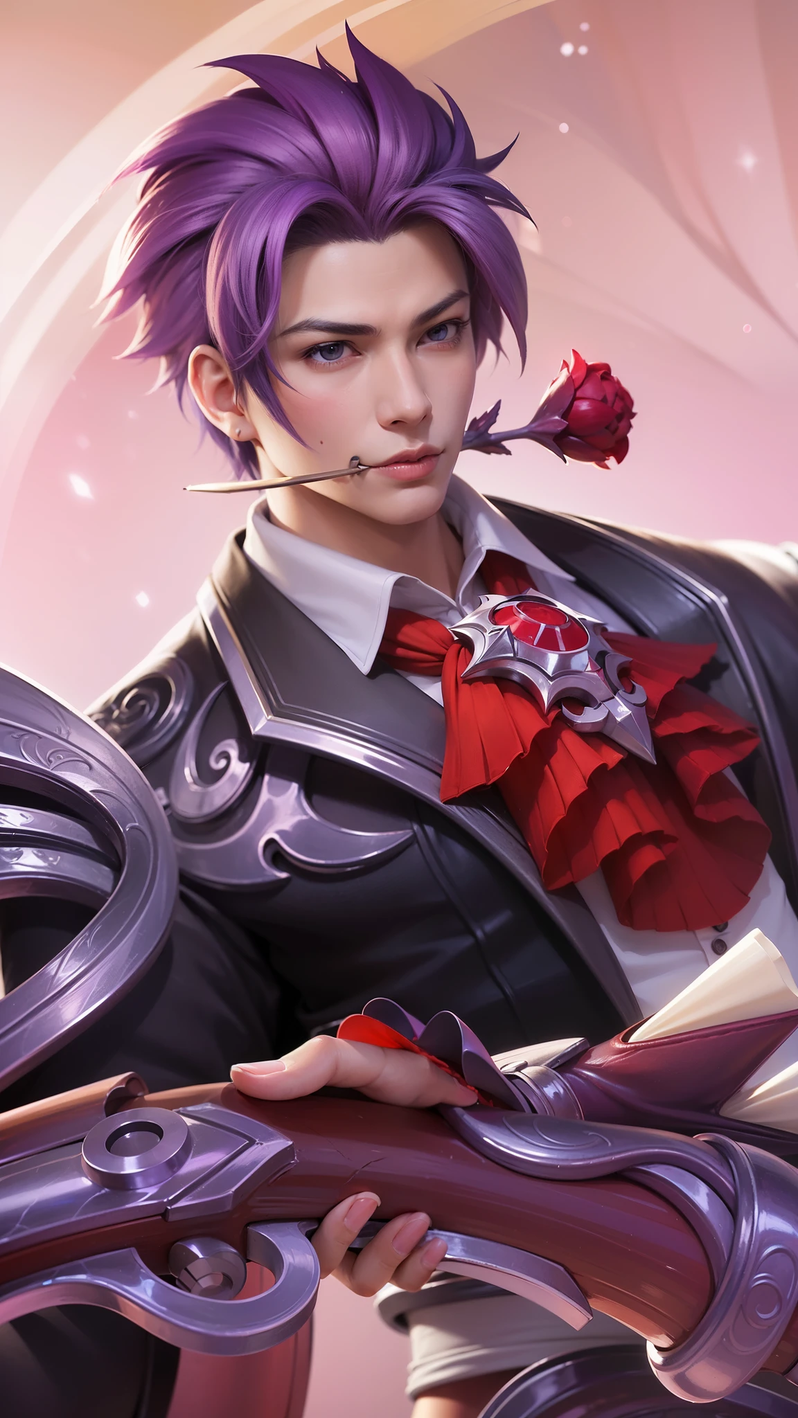 anime - style image of a male character with purple hair and a red tie, ! dream artgerm, extremely detailed artgerm, range murata and artgerm, artgerm. high detail, g liulian art style, artgerm portrait, shadowverse style, by Yang J, arcane art style, 8k, ultra hd, ultra detailed texture, hyper realistic, masterpiece, detailed texture, detailed face, detailed skin, detailed lighting, (photorealistic:1.5), best quality, beautiful lighting, cinematic lighting, professional lighting, ultra highres, realistic, detailed hair, real hair, high quality, (realskin:1.5), extremely detailed, finely detail, ultra-detailed, biting the stem of a red rose, blue eyes.