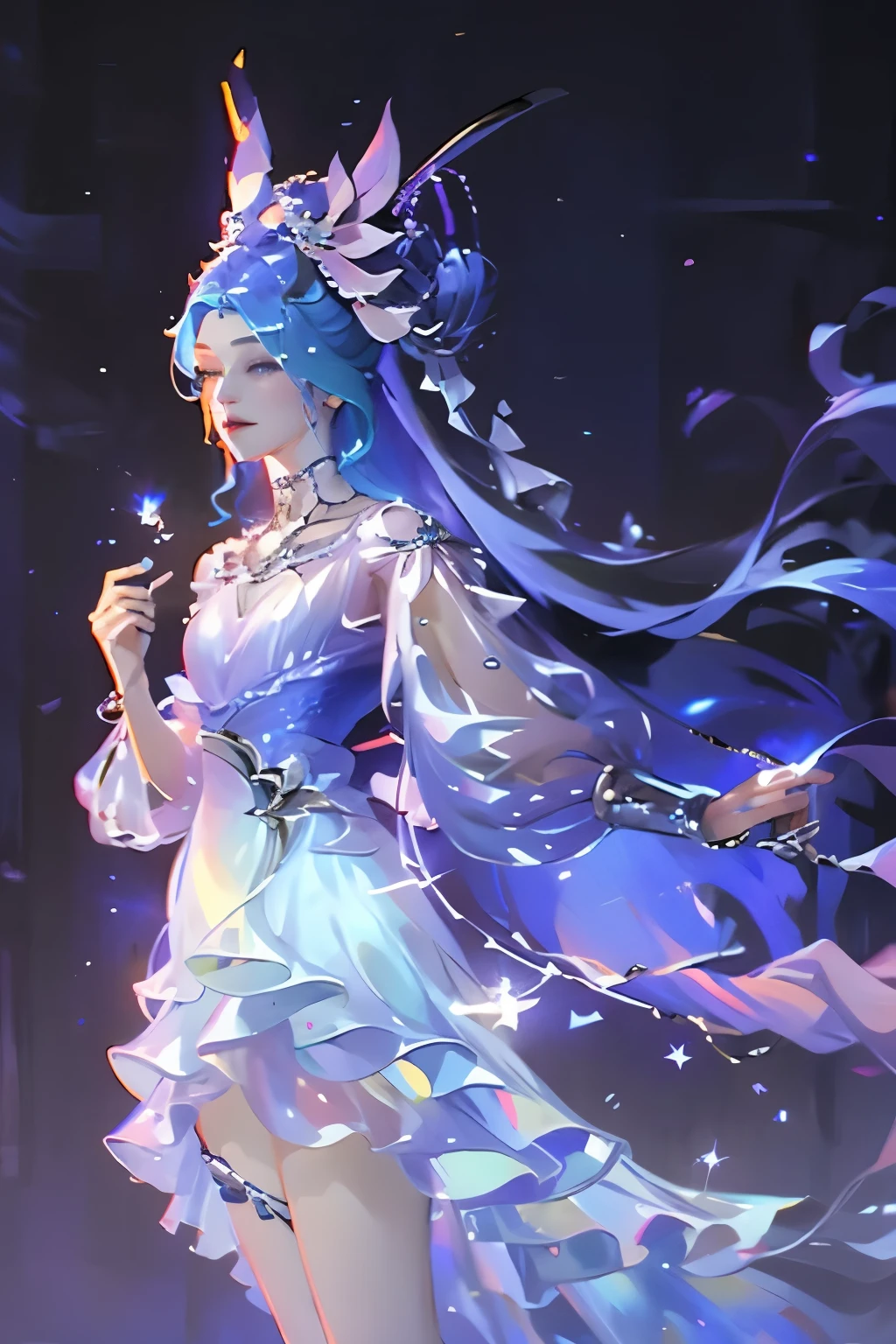 1 girl, ,,Simple smile, HD images, a woman, Her hair is decorated with glowing fireflies, There is a charming light in the eyes. Wearing a robe woven from moonlight,