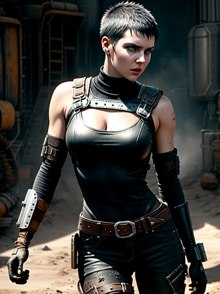Furiosa Woman, Furiosa from the movie Mad Max: Expensive rage, black forehead, black shaved hair, , white bodysuit stained with dirty dust, brown pants stained with dirty dust, mechanical prosthesis up to the elbow instead of an arm, decorative belts on clothes, Belt buckle in the shape of the Half-Life Wars symbol, half-life world,  apocalypse, highly artistic art, ideal realistic world, Ultra computer graphics, masterpiece and beautiful detail, perfect female anatomy, flawless appearance of a woman, Unreal Energy 5 graphics,