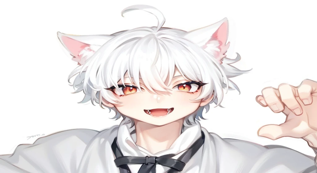 Anime boy cat,male, white hair, red eyes, smile with fangs, handsome, digital art, 4k, cgi, HD