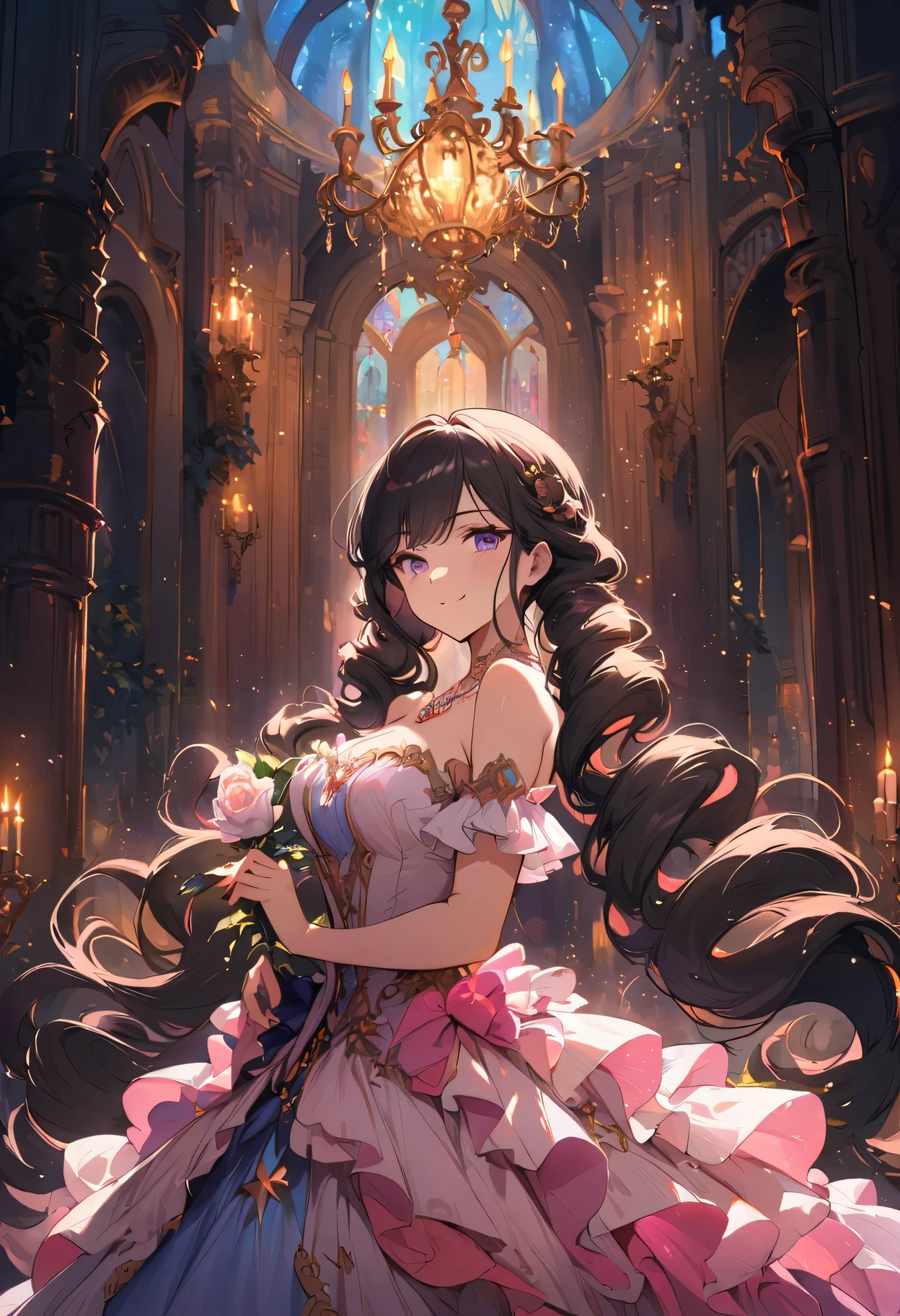 dramatic composition, layered decoration, Ruffles, chandelier, Roman Curly Hairstyle, Will release, Diamond-like double ponytails, Bangs, magnificent background, Detailed depiction of hair and eyes, Gorgeous princess dress,  Rose in hand, Smile, star eyes, film light, Extreme details, HD, happy girl, Very long hair, Diamond necklace, light particles