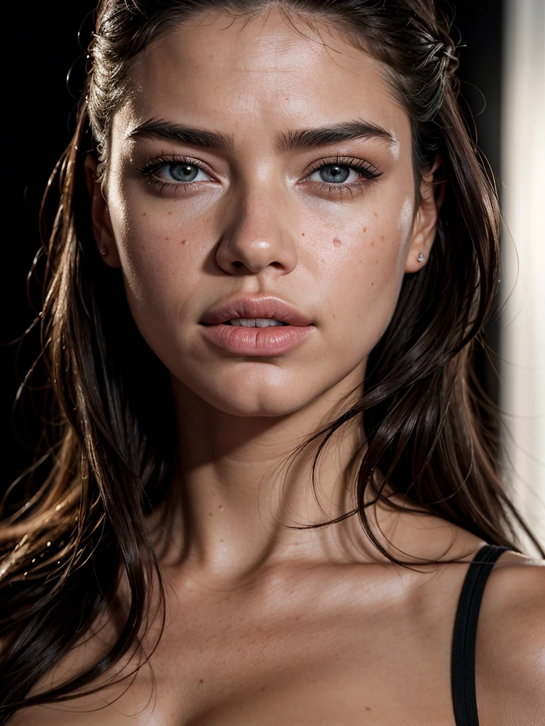 hyperrealism, (photorealistic:1.2), (film grain:1.3), masterpiece, best quality, perfect detail, (photorealistic lighting:1.3), professional photo, realistic photo, raw photo, realistic style, detailed face, professional breast portrait, Adriana Lima, spot light , black background, depth of field.
