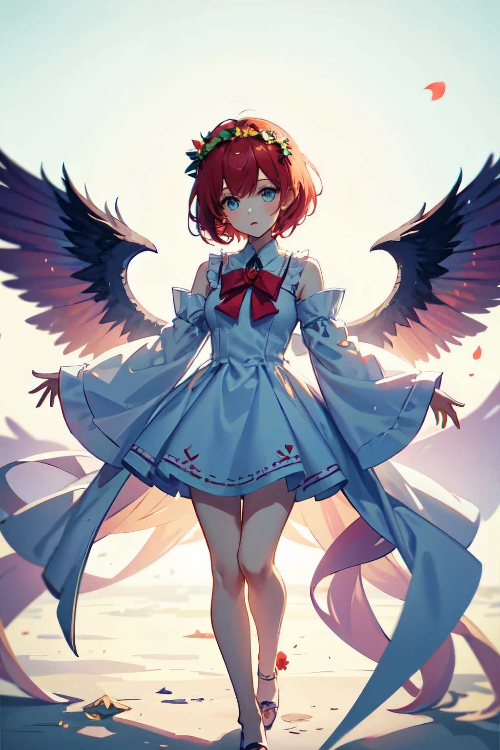 (character details + style) ddlc sayori, full body, short hair, goddess with vibrant colors, whited out eyes, flower crown, many giant wings with different forms and styles, red bow on head, coral colored hair, white flowing dress, (lens effect + lighting + scene) light and shadow interlaced, blank background, zoomed out.