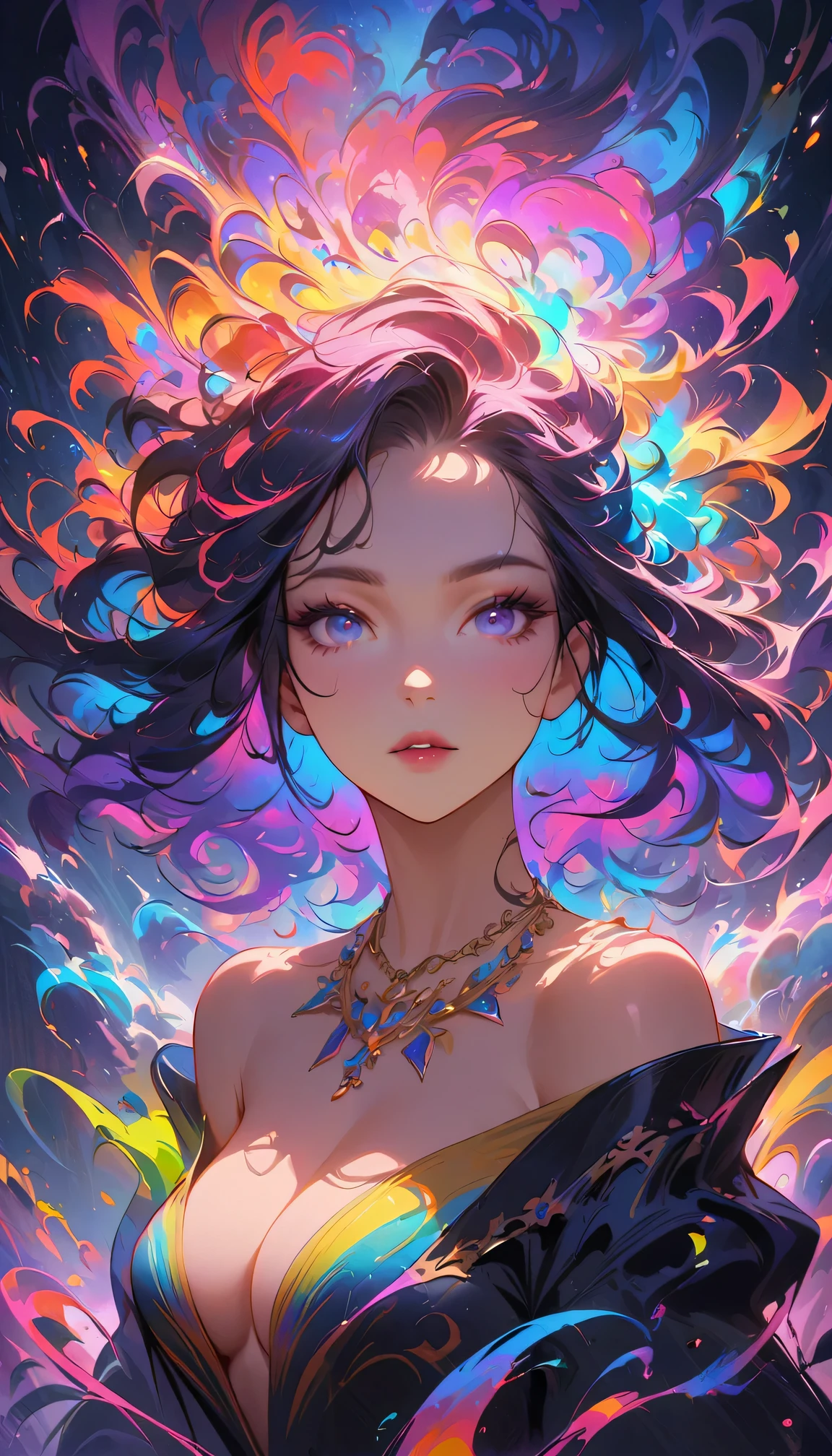 Close-up of a woman with rich and colorful hair and necklace, Cosmic hair anime girl, Rossdraws Soft Vibrancy, Gurwitz style artwork, fantasy art style, rich and colorful], Vibrant fantasy style, Rossdraws cartoons are vibrant, cosmic and rich and colorful, guweiz, rich and colorful digital fantasy art, Stunning art style, Beautiful anime style, glowing hair