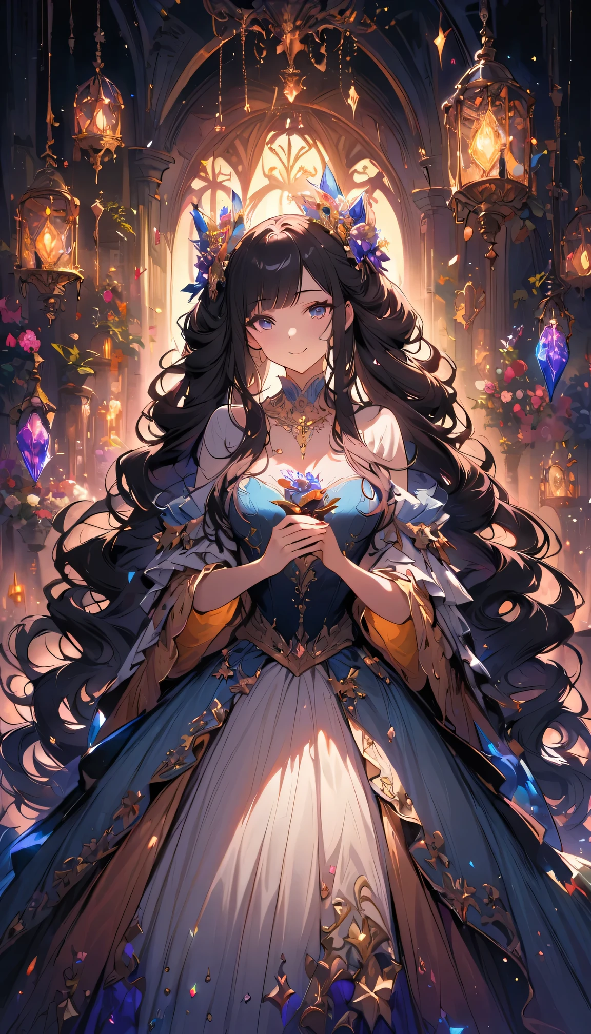 dramatic composition, layered decoration, Ruffles, Crystal chandeliers, Roman Curly Hairstyle, Will release, Diamond-like double ponytails, Bangs, magnificent background, Detailed depiction of hair and eyes, Gorgeous princess dress, flowers in hand, Smile, star eyes, film light, Extreme details, HD, happy girl, Very long hair, Diamond necklace, light particles