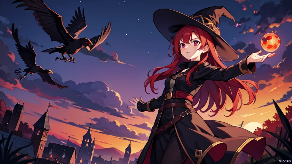 Witch, RPG, Sorceress, Magic, Red-haired Woman, reaching for a crow, night background