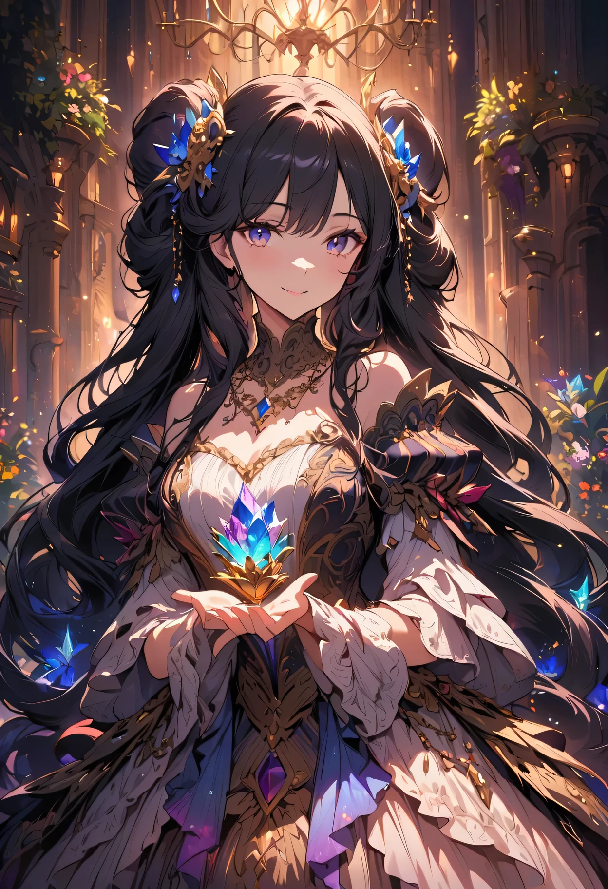 dramatic composition, layered decoration, Ruffles, Crystal chandeliers, Roman Curly Hairstyle, Will release, Diamond-like double ponytails, Bangs, magnificent background, Detailed depiction of hair and eyes, Gorgeous princess dress,  flowers in hand, Smile, star eyes, film light, Extreme details, HD, happy girl, Very long hair, Diamond necklace, light particles