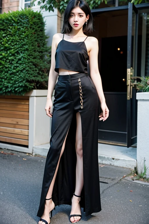 Black short straight hair,thin,height: 170cm,Beautiful woman,be familiar with, Full HD, woman, intellectual, beautiful, real person, full body shot,Fashionable house、butt