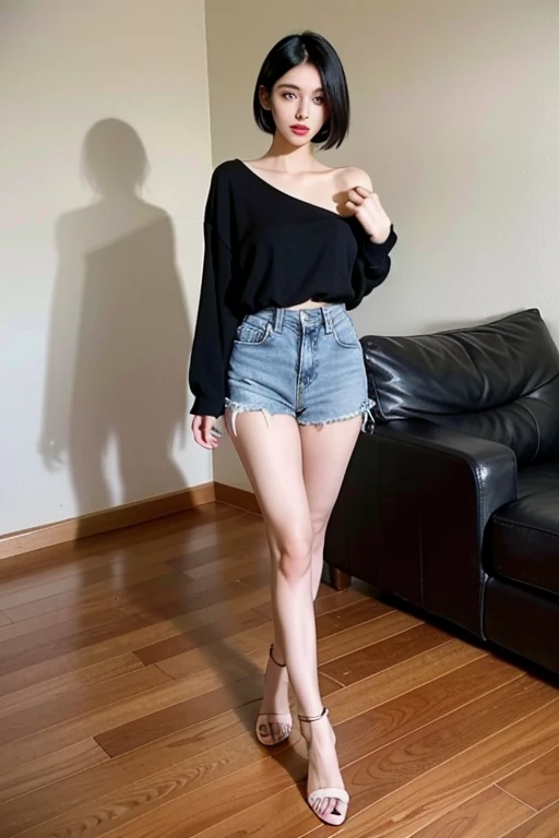 Black short straight hair,thin,height: 170cm,Beautiful woman,be familiar with, Full HD, woman, intellectual, beautiful, real person, full body shot,Fashionable house、butt