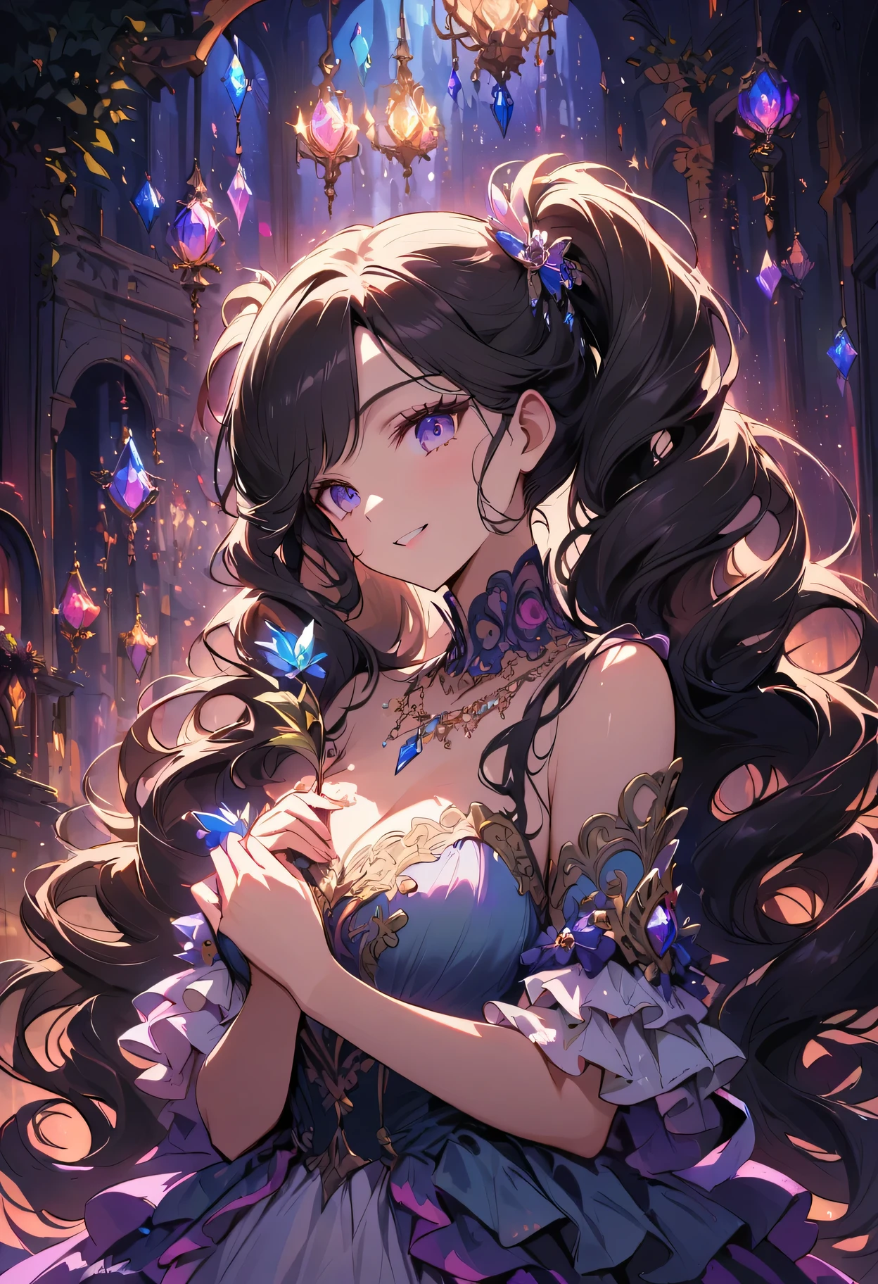 dramatic composition, layered decoration, Ruffles, Crystal chandeliers, Roman Curly Hairstyle, Will release, Diamond-like double ponytails, Bangs, magnificent background, Detailed depiction of hair and eyes, Gorgeous princess dress,  flowers in hand, Smile, star eyes, film light, Extreme details, HD, happy girl, Very long hair, Diamond necklace, light particles