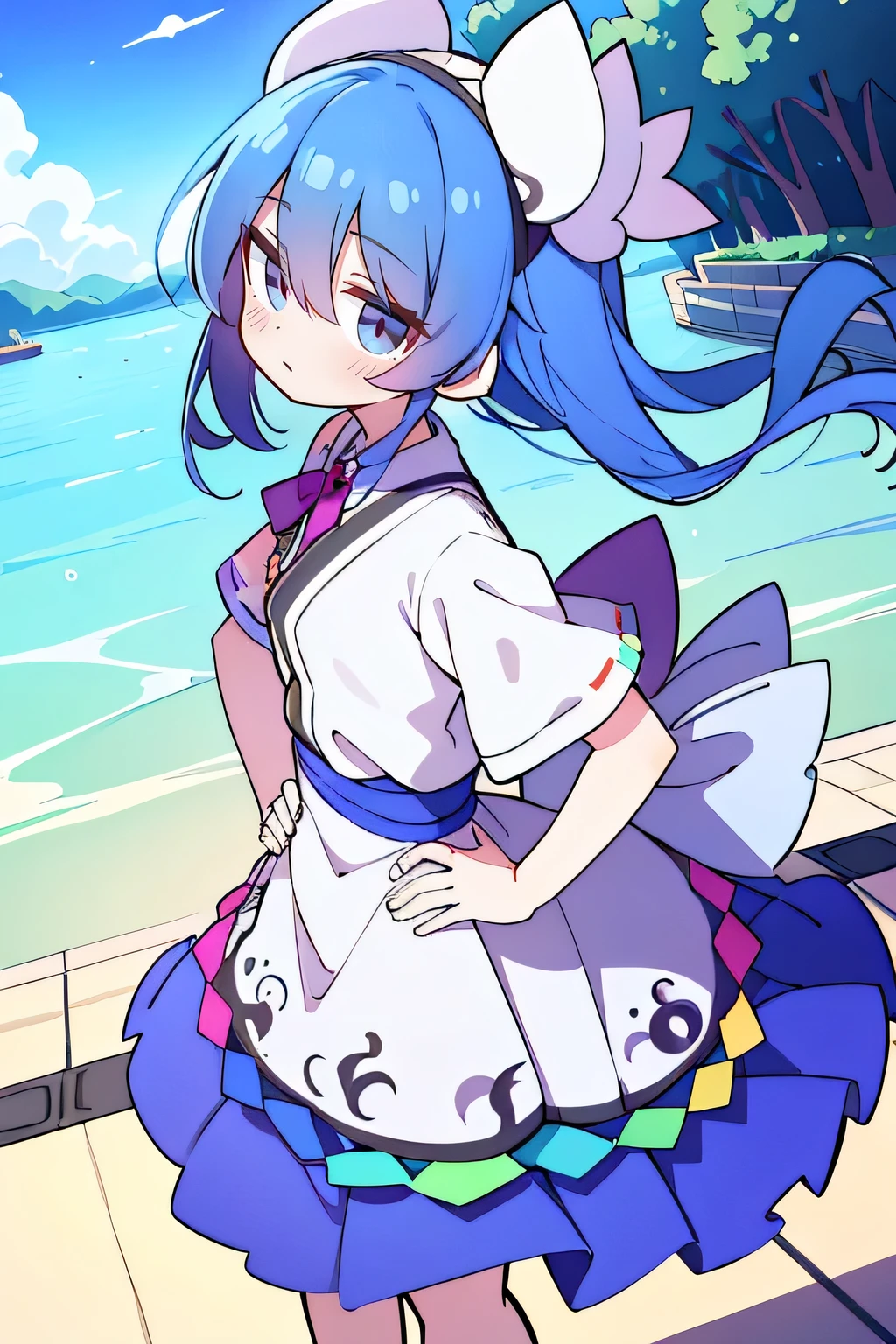 (masterpiece),best quality, expressive eyes, perfect face, 1girl,
Put your hands on your waist,fair, Gorgeous,Japanese cartoons,girl,lola,Hina Angel, blue hair, blue haired, floating clothes,Grab your waist, Grab your waist, hands on hips , hands on hips,flat chest,Lie in the pool,lake,Lie on the ground,