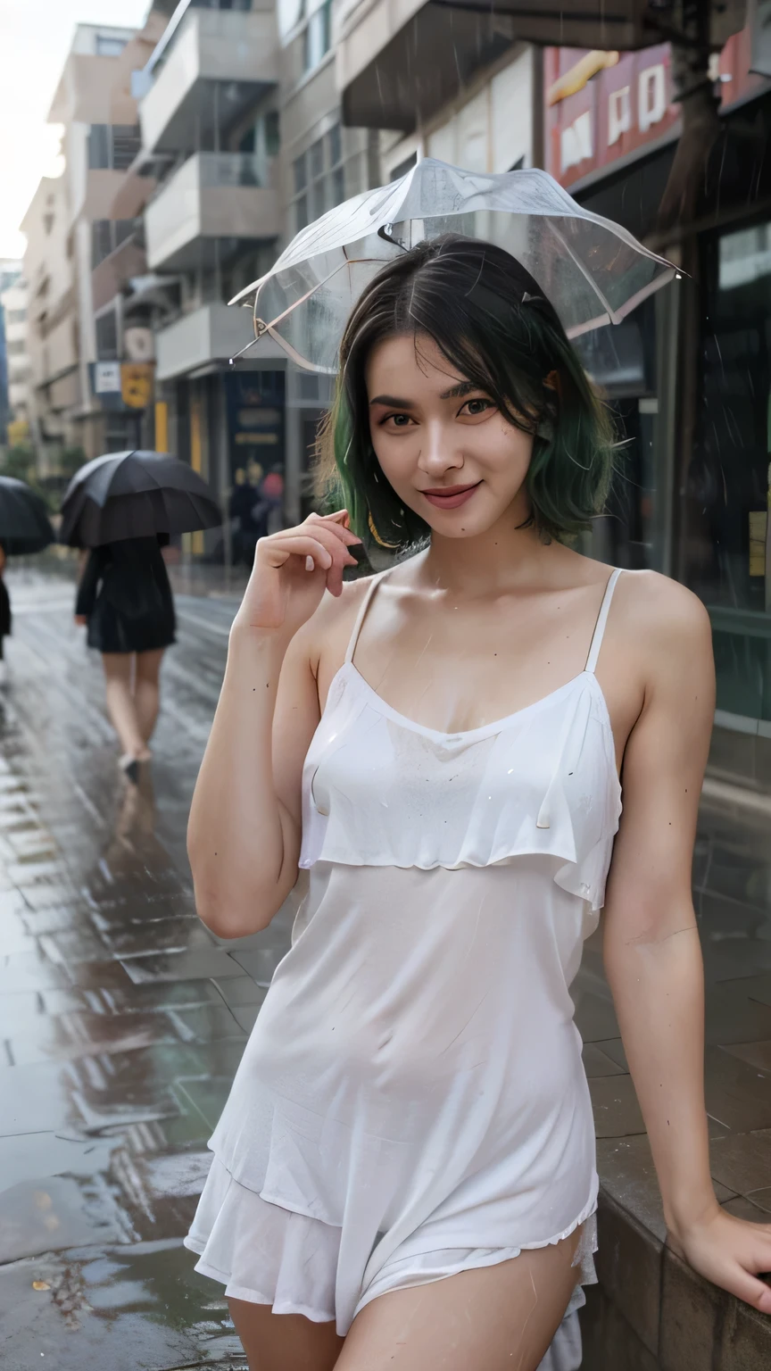 1girls, Nur, green Hair , 24 years old , Let her wear a stylish, eye-catching, beautiful, expensive nightgown, and pose in bed after just waking up.(Best Quality, 8K, Masterpiece:1.3)), Focus: 1.2, Perfect Body Beauty: 1.4, Hips: 1.2, ((Layered Haircut, , (Rain, Street:1.3), High Detail Facial and Skin Texture, Thin Eyes, Double Eyelids, Whitening Skin, , (Shut up: 1.3), Smile,