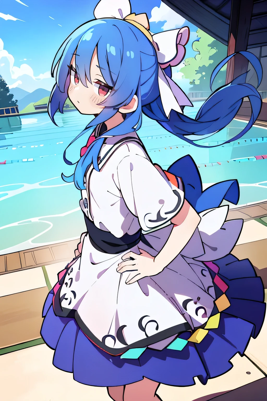 (masterpiece),best quality, expressive eyes, perfect face, 1girl,
Put your hands on your waist,fair, Gorgeous,Japanese cartoons,girl,lola,Hina Angel, blue hair, blue haired, floating clothes,Grab your waist, Grab your waist, hands on hips , hands on hips,flat chest,Lie in the pool,lake,Lie on the ground,