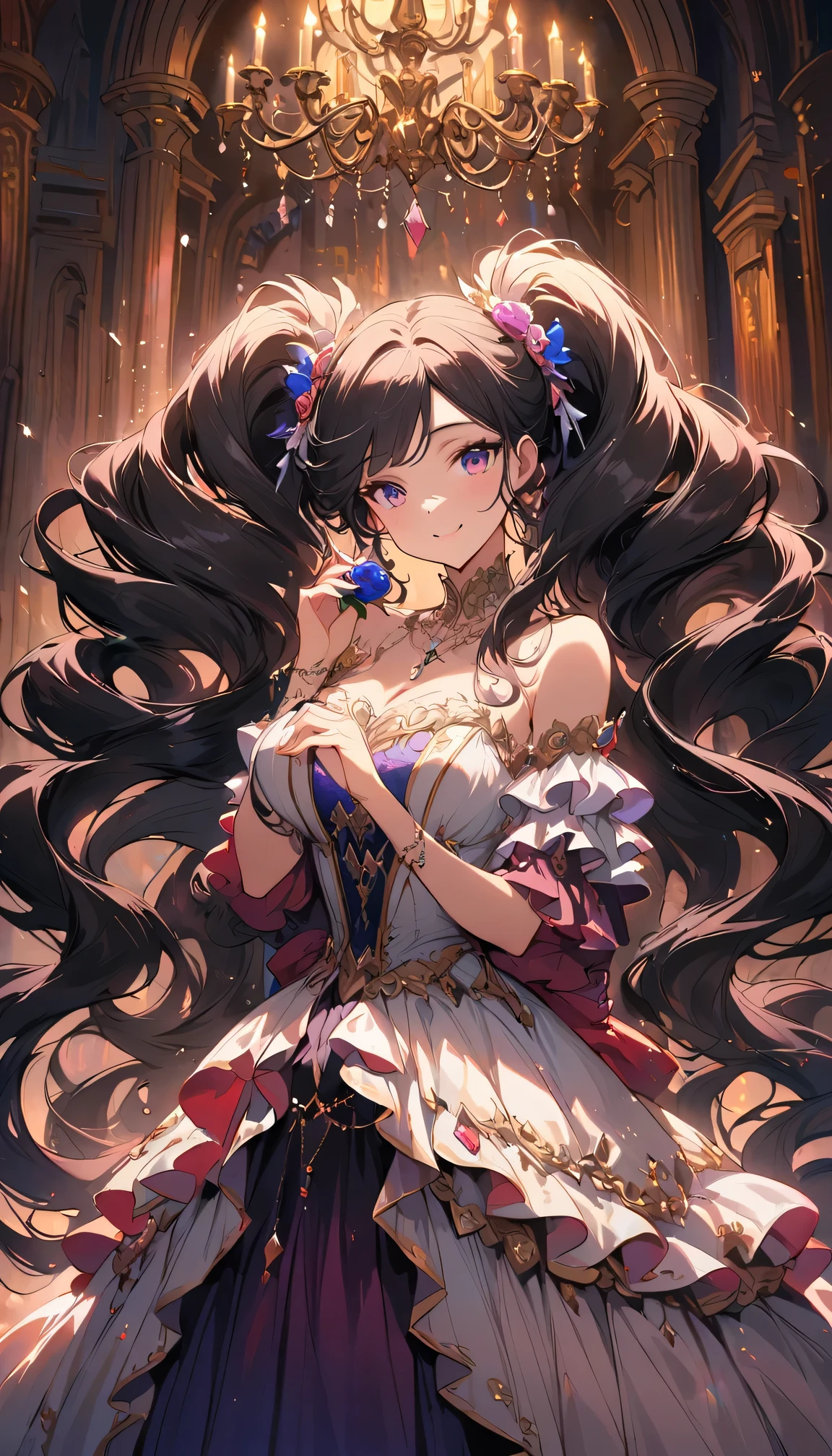 dramatic composition, layered decoration, Ruffles, chandelier, Roman Curly Hairstyle, Will release, Diamond-like double ponytails, Bangs, magnificent background, Detailed depiction of hair and eyes, Gorgeous princess dress,  Rose in hand, Smile, star eyes, film light, Extreme details, HD, happy girl, Very long hair, Diamond necklace, light particles