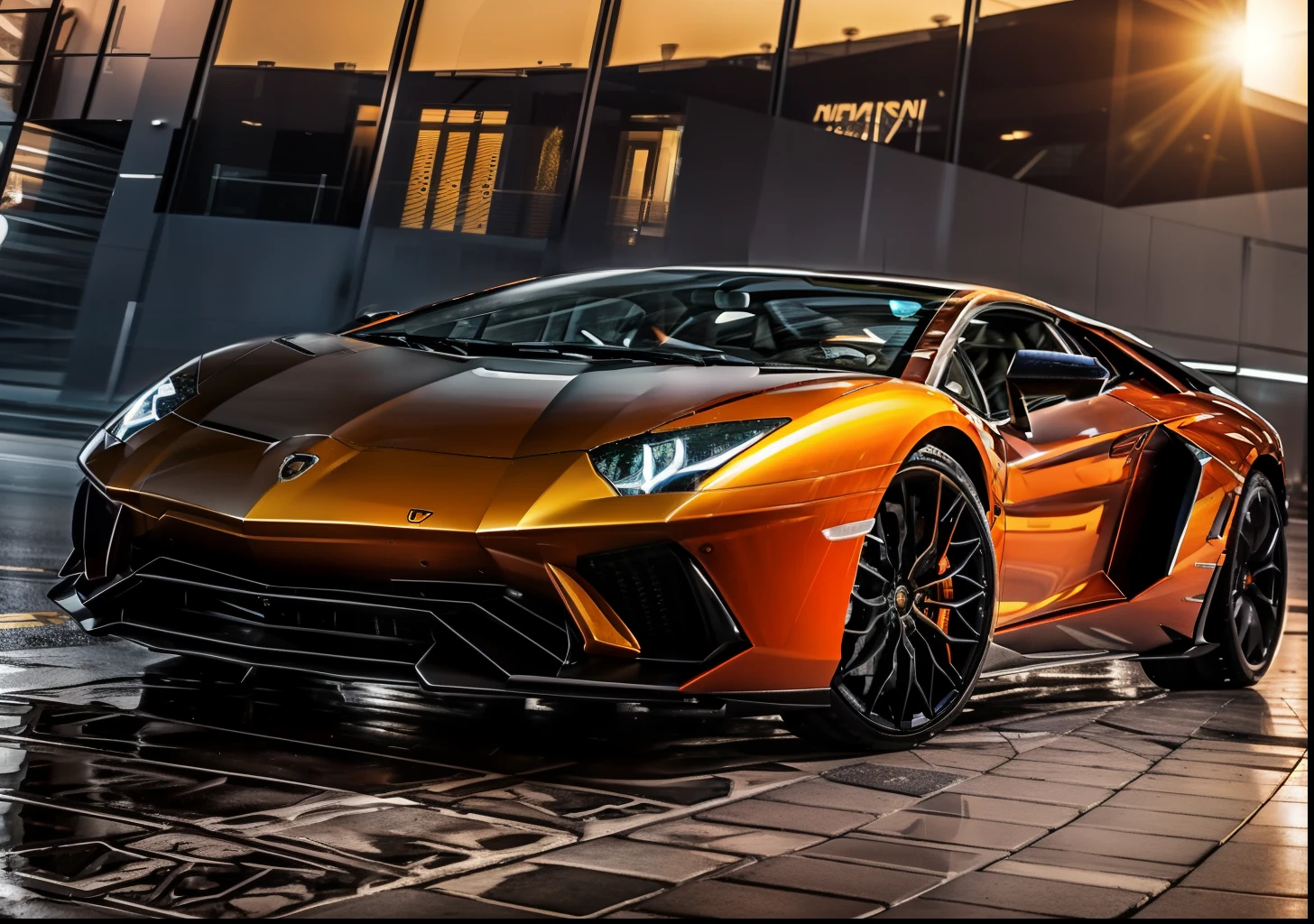 A lamborghini aventador S color black and orange the streets of city miami, Exquisite detail, taken with long exposure to capture the movement of cars and people,insane detail, , 8k, photography, Sony Alpha, Canon 5D, Fujifilm xt100 