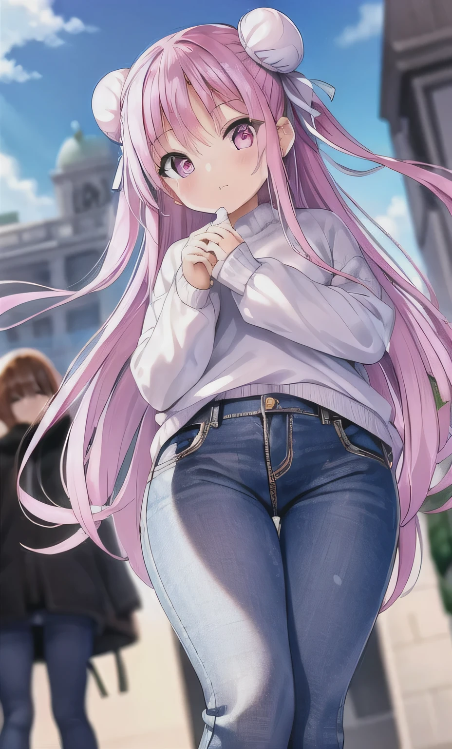 masterpiece, highest quality, High resolution, {detailed and beautiful eyes}, finely,  detailed and beautiful eyes,
1 girl, (alone:1.5),  (hair ribbon:0.4), pink eyes,cinematic angle,perspective,(pink sweater), (jeans), street,White bun hair,whole body,