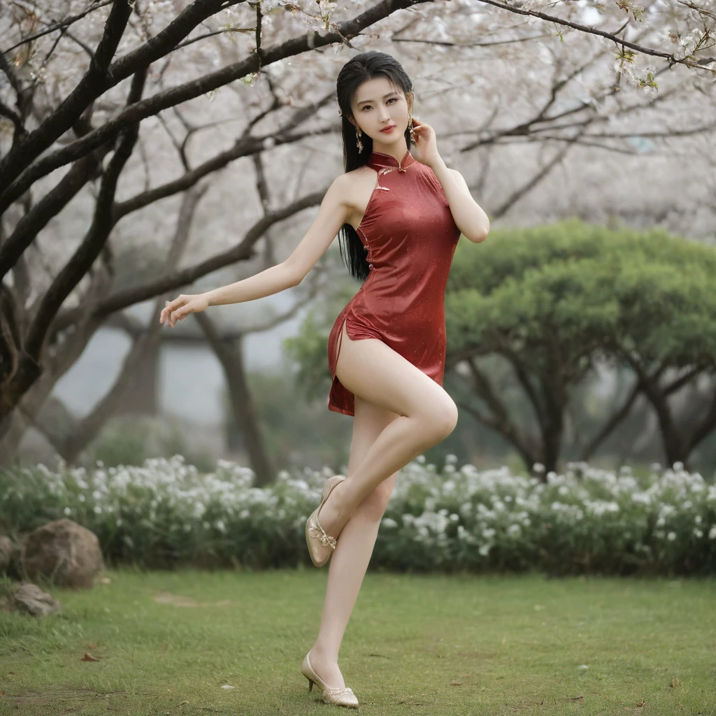 raw photo, realistic, Liu Yifei wears thin wet transparent red qipao, light smile, (extreme detailed face, detailed skin), slim body, tight waist, thin thighs, thin legs, huge round breasts, pearl earrings, long ponytail hair, silk bandeau, thin wet stockings, silk shoes, show thighs, show feet, full body shot, kungfu pose in garden, blooming plum tree, soft lights on face, dusk, light rainy, warm tone.