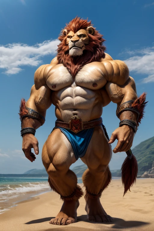 Uma imagem realista de Lion-o dos thundercats, super gigante musculoso, with muscular arms, olhos azuis, uma cauda, super peludo de pelo marrom, com as veias saltando, ombros largos, giant toned physique, veias musculares estourando, usando colete azul rasgada, barefoot, correndo, em uma de praia