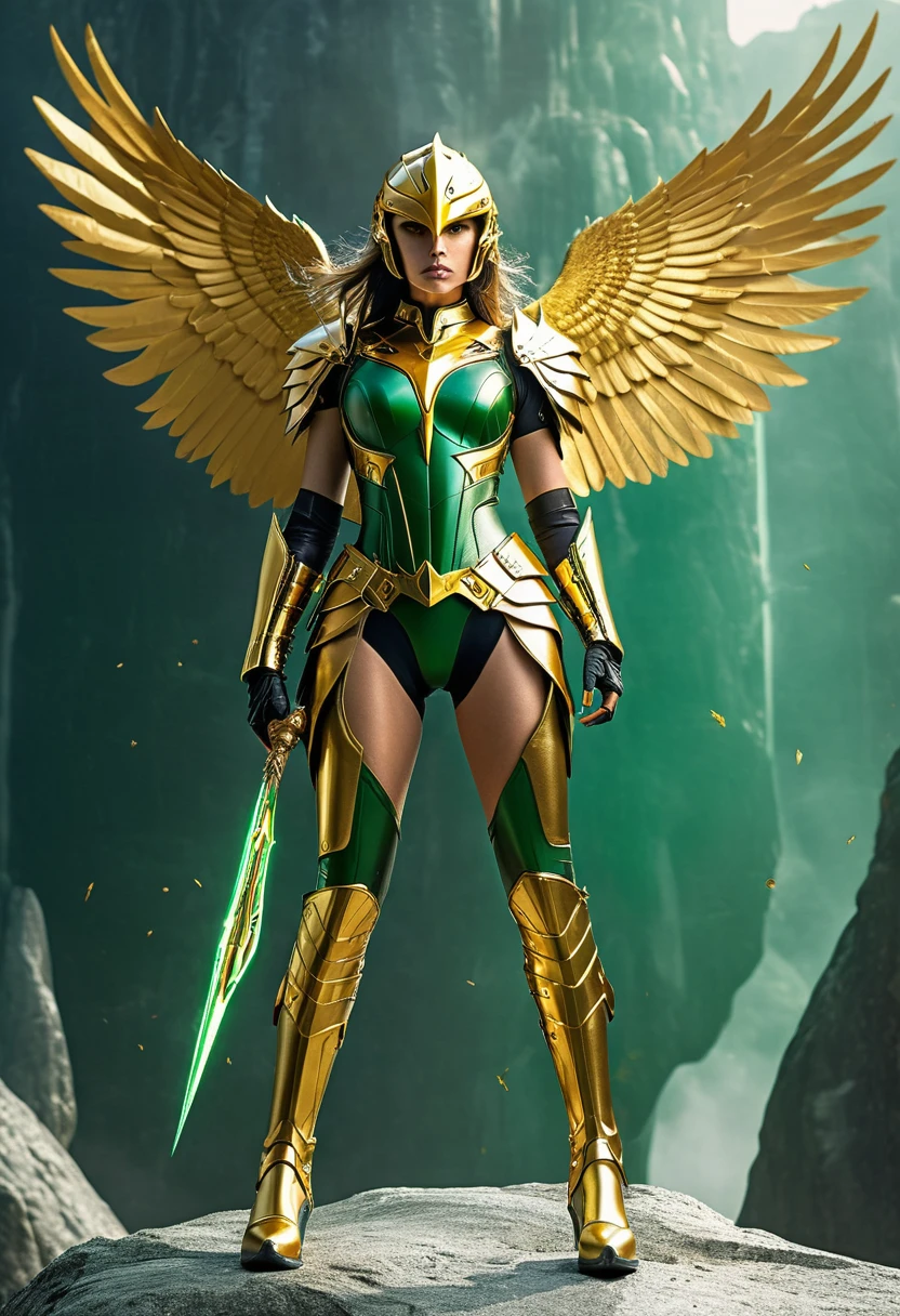 Create a futuristic look, Warrior Hawk Girl in green and gold leather, golden hawk-beaked helmet with intricate metal armor trim, I wield an elegant energy sword, beautiful wings, standing triumphantly on top of a tall crystalline formation, creating an etheric energy aura.