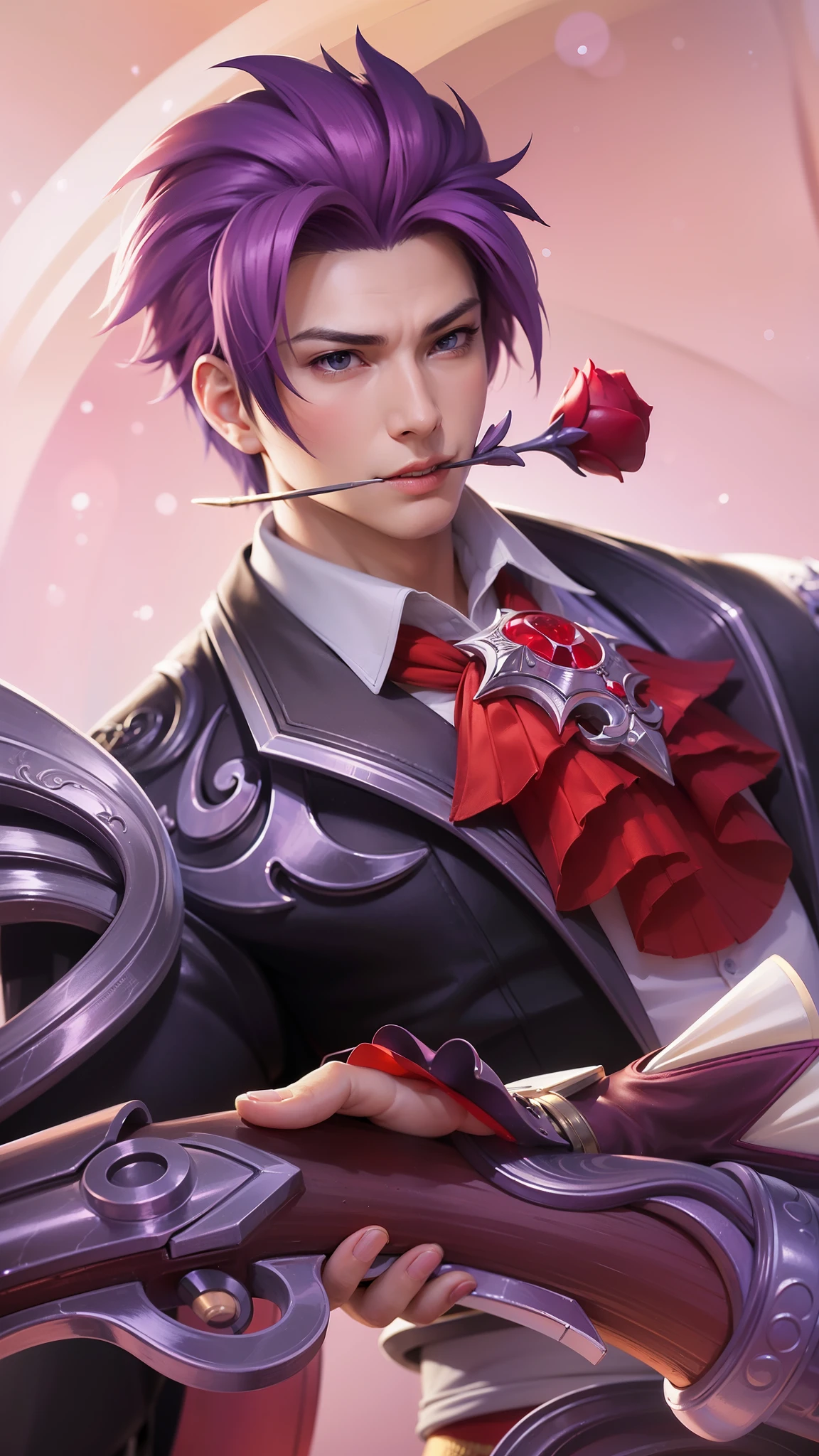 anime - style image of a male character with purple hair and a red tie, ! dream artgerm, extremely detailed artgerm, range murata and artgerm, artgerm. high detail, g liulian art style, artgerm portrait, shadowverse style, by Yang J, arcane art style, 8k, ultra hd, ultra detailed texture, hyper realistic, masterpiece, detailed texture, detailed face, detailed skin, detailed lighting, (photorealistic:1.5), best quality, beautiful lighting, cinematic lighting, professional lighting, ultra highres, realistic, detailed hair, real hair, high quality, (realskin:1.5), extremely detailed, finely detail, ultra-detailed, biting the stem of a red rose, blue eyes.