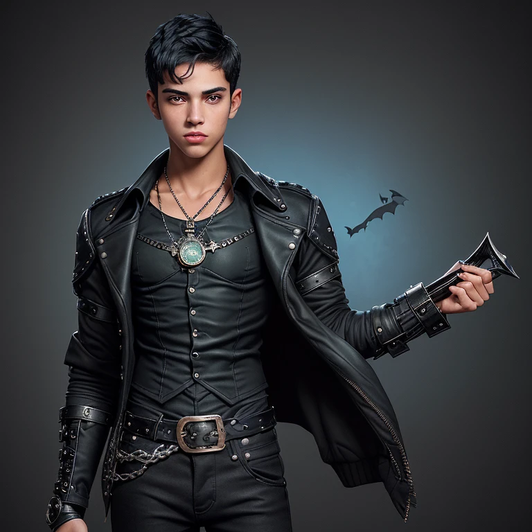 20-year-old boy with Latin skin, short black hair, Steampunk, black jacket, blue shirt with bat print, black jeans, black belt with silver moon buckle, slim muscular build, green eyes, holding a dagger on a background of New Orleans night