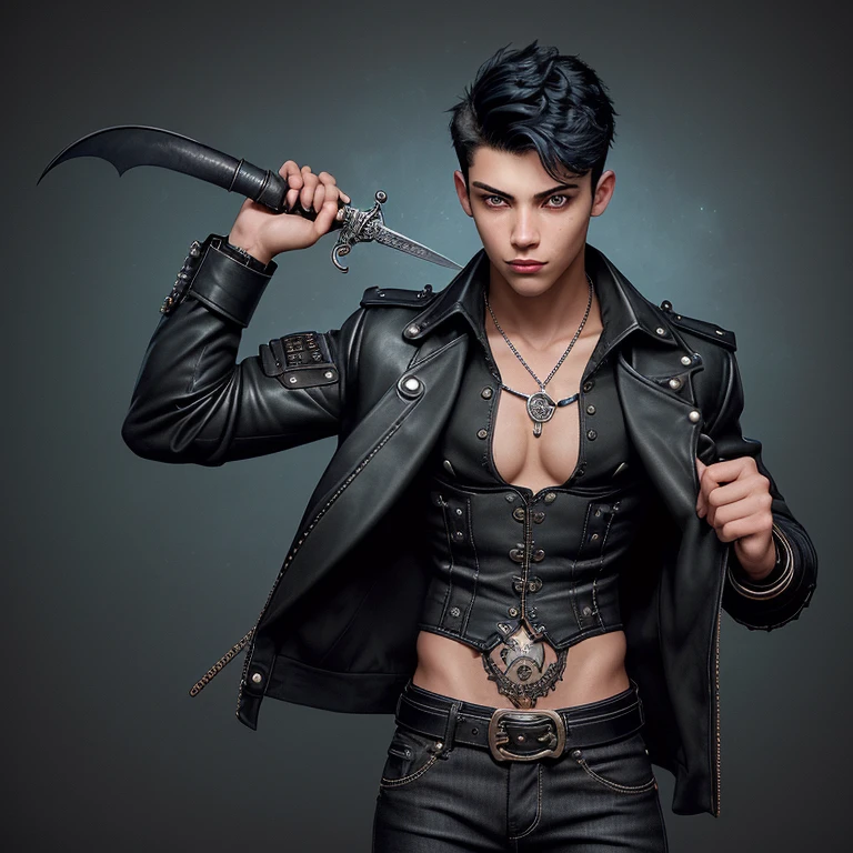 20-year-old boy with Latin skin, short black hair, Steampunk, black jacket, blue shirt with bat print, black jeans, black belt with silver moon buckle, slim muscular build, green eyes, holding a dagger on a background of New Orleans night