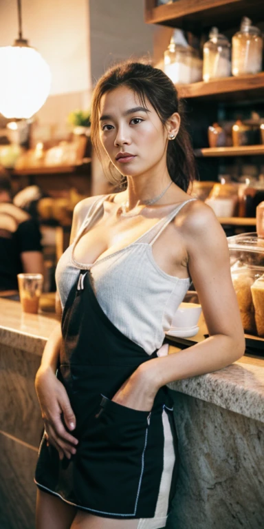summer,hot,Lazy afternoon,full body portrait,original photo,A sexy girl working at a counter in Starbucks,(((sweat:1.1))),(Barista Apron、long apron、stripe、pattern、badge、pattern:1.3),rim light,ponytail, clavicle, beautiful face,tattoos on the arms,((Small cleavage)),belly button, slender waist,(((long legs))),Idol, depth of field, tilt, reflective,lifelike, ultra high resolution, high quality,soft light,best quality,masterpiece,8K,Super real,(film grain, Color difference, sharp focus, in the darkness, deep shadow, low profile, cold light, sexy look). portrait style, Professional commercial photography