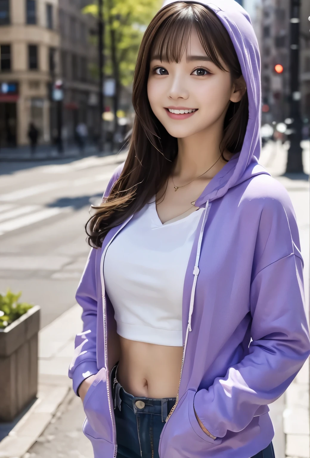 (masterpiece, best quality:1.1), (8k, raw photo, photo realistic:1.2, f22), (shiny skin), detailed skin, long hair,detailed face, detailed eyes, smile,BREAK, real world, intricate details, smil, BREAK, 1girl, (purple hoodie, BREAK, (city:1.4), BREAK