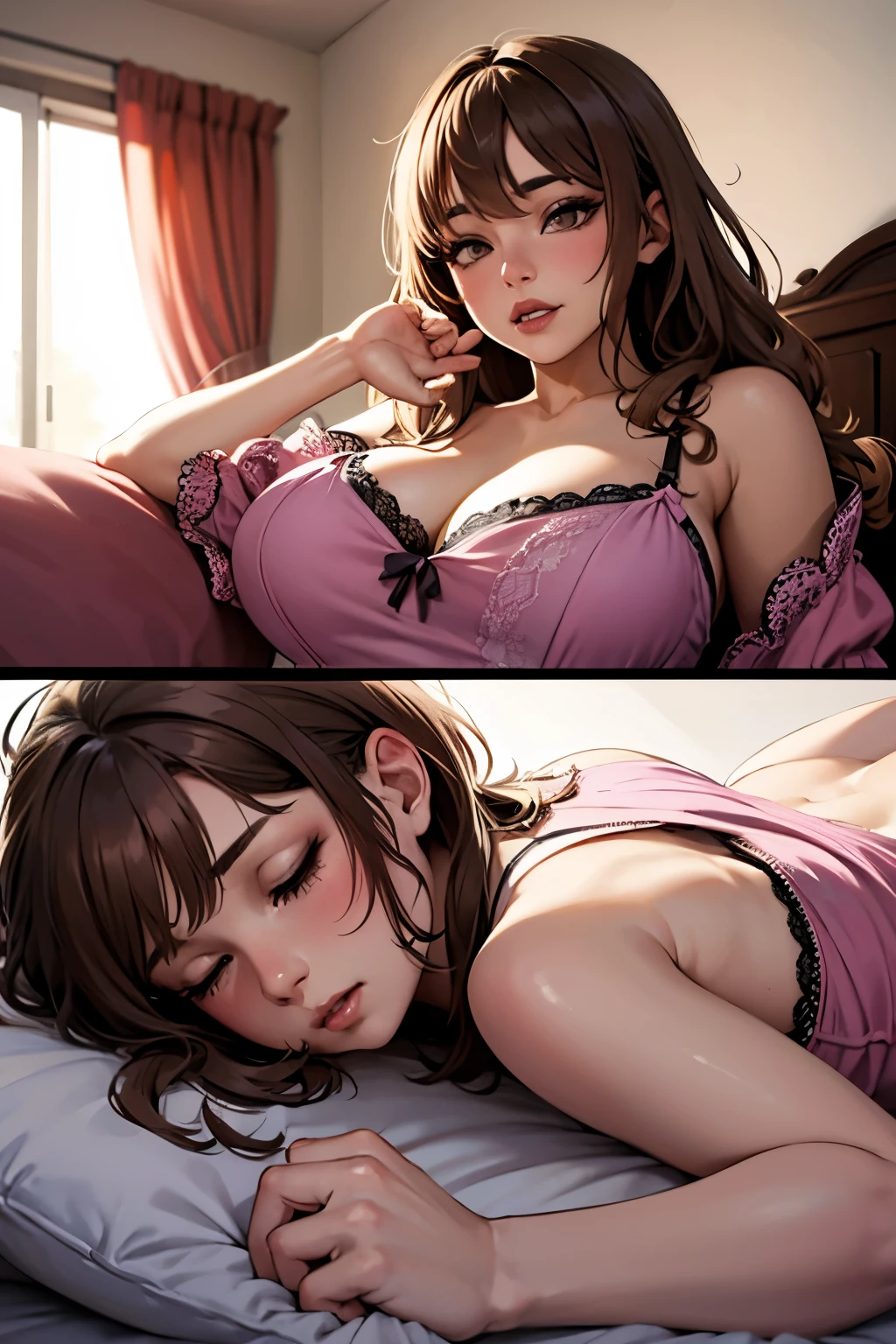 Coquette girl, long brown wavy hair, big breasts, sexual seductive pose, huge , wearing lace nightgown, wearing pink bows, in her room, laying down on her back, in bed, just waking up in the morning, sleepy facial expressions, just waking up, messy bed head hair