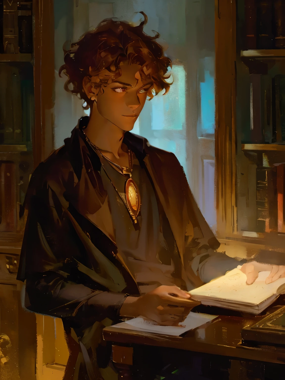 (masterpiece, best quality, high quality, highres:1.2), modern upper body, shoulders, ((male)), adult man, 27yo, tan skin, short messy hair, ((light hair)), messy hair, (curly hair), gold eyes, glowing eyes, hair over forehead, necklace, t-shirt, portrait, lost gaze, library background, (dark background), front, dark clothes, dramatic lighting, face in shadow, warm tones, dark academia, loose shirt, earrings, interior background, magic particles, painterly illustration, Artstation, impressionism painting, realistic, 1boy, fortune teller, book on a table, looking at viewer, dark skin, mystical, magical, glow, glowing, dark magical lighting, moody, cinematic, sparkle, glittering, darkness