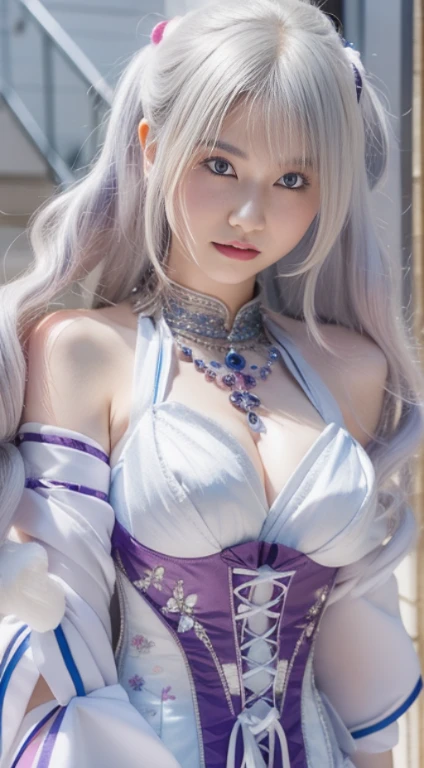 a close up of a woman in a corset dress posing for a picture, anime girl cosplay, beautiful alluring anime woman, anime goddess, seductive anime girl, perfect white haired girl, attractive anime girl, beautiful anime girl, white haired deity, beautiful anime woman, anime cosplay, anime girl in real life, with long white hair, a beautiful fantasy empress,The face is always LoRA&#39;s Amemiya