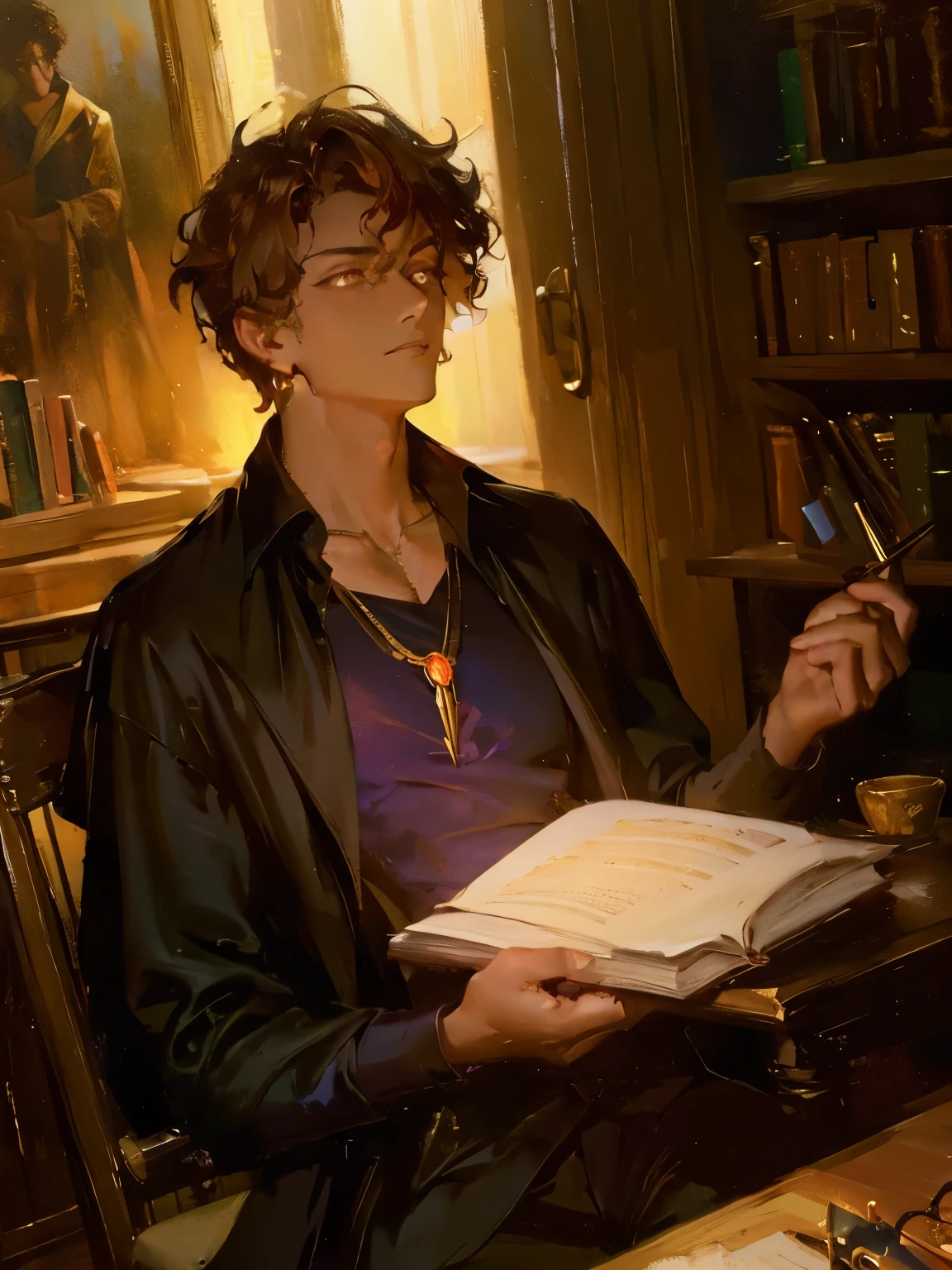 (masterpiece, best quality, high quality, highres:1.2), modern upper body, shoulders, ((male)), adult man, 27yo, tan skin, short messy hair, ((light hair)), messy hair, (curly hair), gold eyes, glowing eyes, hair over forehead, necklace, t-shirt, portrait, lost gaze, library background, (dark background), front, dark clothes, dramatic lighting, face in shadow, warm tones, dark academia, loose shirt, earrings, interior background, magic particles, painterly illustration, Artstation, impressionism painting, realistic, 1boy, fortune teller, book on a table, looking at viewer, dark skin, mystical, magical, glow, glowing, dark magical lighting, moody, cinematic, sparkle, glittering, darkness