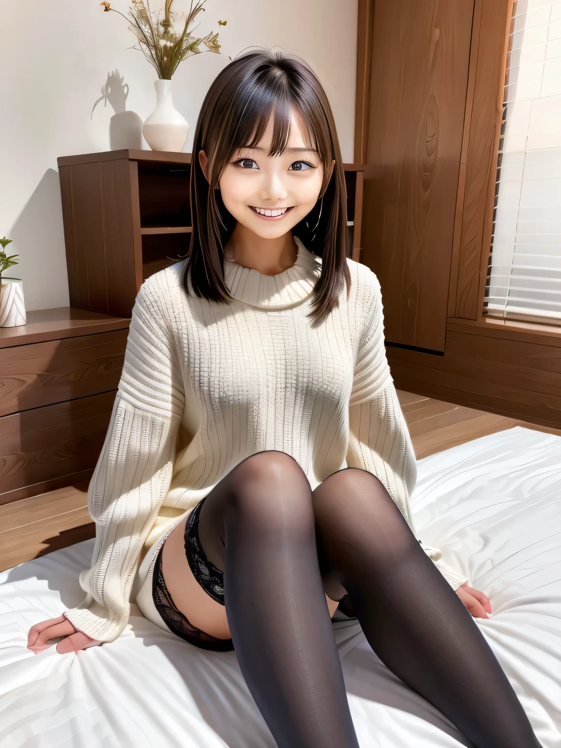 there is a woman sitting on the bed wearing black stockings, Chiho, sitting on the bed, her sitting on the bed, reluvy5213, sitting on the bed, korean girl, gentle smile, young and cute girl, warm and gentle smile, sakimichan, shy smile, pretty face with arms and legs, A little cute smile, good young girl