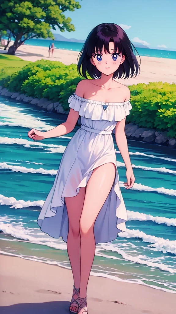1990s \(style\), masterpiece, best quality, highres, outdoors, small breasts, 1 girl, Solo, UsagiTsukino, Blue Eyes, Beautiful Detail Eyes, Short Yellow Medium Hair, Yellow Straight Hair, Bangs, Good hands are down, Smile, Blushing, Bare Neck, Bare Shoulders, strapless, White Ruffle Off-the-Shoulder maxi dress. Cowboy shot. A landscape of the beach, blue skies, sand beach, ocean waves. In the center. Walking in bare feets.
