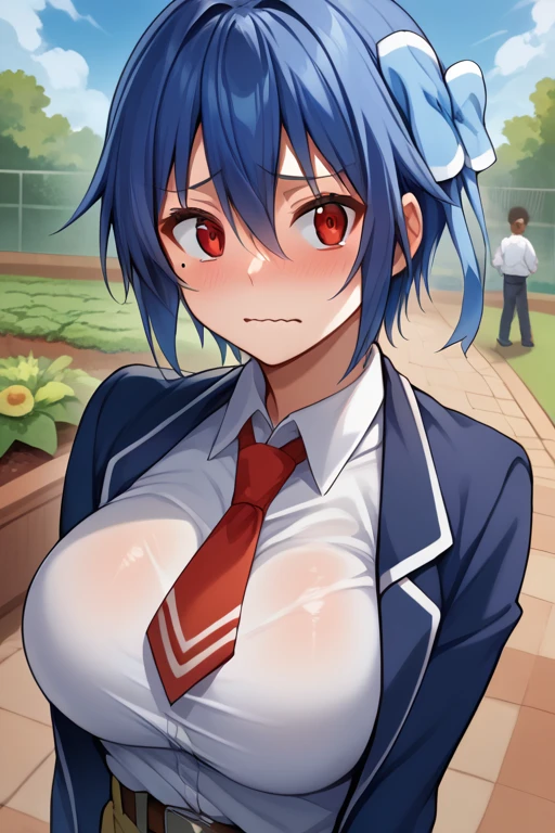 score_9, score_8_Excellent, score_7_Excellent, score_6_Excellent, sauce_anime, 1 girl, solo BREAK tsugumi seishirou, mole under eye, blue hair, short hair, hair ribbon, blue jacket, white shirt, collared shirt, red tie, belt, Brown pants, wavy mouth, wave hands, garden, blue sky, wood, I&#39;I&#39;m watching you, big breasts　1 boy, a boy is grabbing girl’s breasts from behind press breasts together