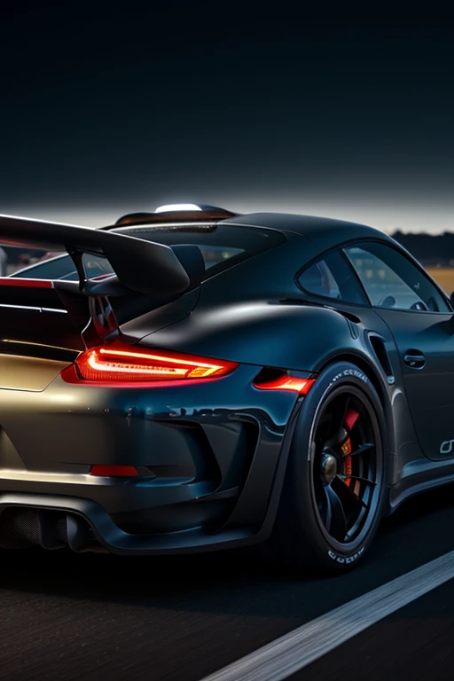 8K, UHD, wide angle side view of (porsche gt3 rs), futuristic car in vanta black, gold ornate decals, in almost dark outdoors, on runway, (intense close-up view of aircraft flying very low overhead:1.2) cinematic, total darkness, (totally dark background:1.1), volumetric mist, ambient occlusion, 