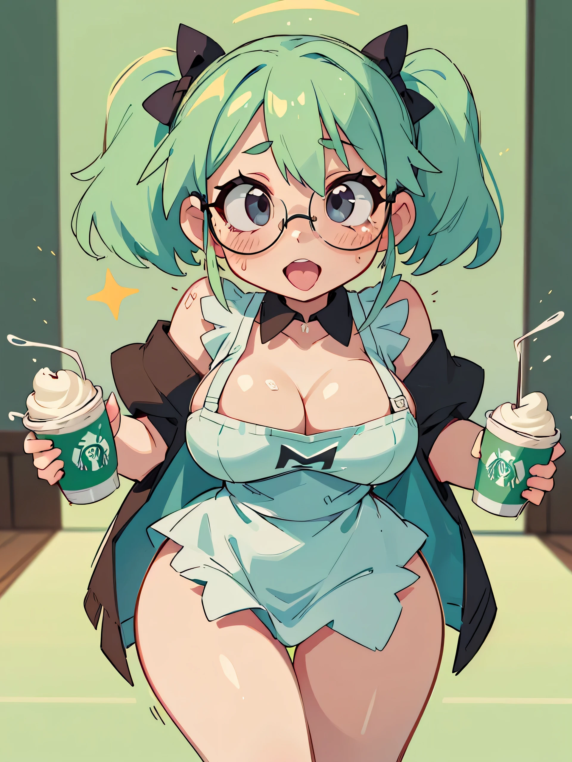 1 girl, gray hair, hair in two pigtails, (big lips), black eyes, glasses, huge breasts, blush, blush on the nose, horrible thighs, high thighs, animated, superiority, horrible thighs, wide hips, narrow waist, hourglass figure, Silly, full body, sexy pose,, meme_iced_latte_with_breast_milk_ownwaifu, ownwaifu,meme, 1girl,green_apron, starbucks,naked_apron, cafe,apron, barista, breasts, cleavage, sideboob,collarbone,cup, coffee,holding, holding_cup,disposable_cup,logo_parody,sparkle, iced_latte_with_breast_milk_(meme), looking_at_viewer, meme, sideboob, solo, curvy, narrow waist, suggestive_fluid, official art,extremely detailed CG unity 8k wallpaper, perfect lighting,Colorful, Bright_Front_face_Lighting,shiny skin, (masterpiece:1.0),(best_quality:1.0), ultra high res,4K,ultra-detailed, photography, 8K, HDR, highres, (absurdres:1.2), Kodak portra 400, film grain, blurry background, (bokeh:1.2), lens flare, (vibrant_color:1.2),professional photograph, (beautiful_face:1.5), big ass,