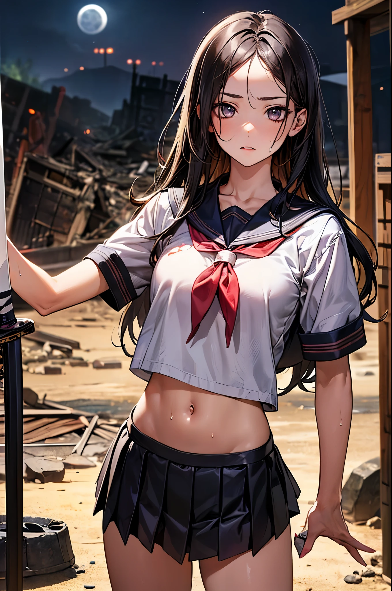((迫り来る巨大なmonster:1.7)),((monsterと刀で戦う女)),((perfect anatomy,realistic:1.2,RAW Photography:1.2,masterpiece、highest quality、Ultra - High resolution、High resolution、Highly detailed CG、8K)),cowboy shot,1 female,solo,18-year-old、High school girl swordsman、18-year-oldの美少女,Japanese,(beautiful detailed face and eyes:1.2,big gorgeous eyes:1.2,gray eyes,),black hair,long bob hair,(center parted hair,forehead),(medium breasts,slender body,small head:1.2,skinny),(oily skin,gleaming skin,shiny skin,sweat),(Holding a Japan sword in his right hand、Accurately depicted Japanese sword),school clothes、short sleeve、sailor suit、Black sailor collar、navel、red neckerchief、Black pleated mini skirt、((collapsed building,apocalyptic world,monster、A large group of soldiers in battle、at night、moonlight)),