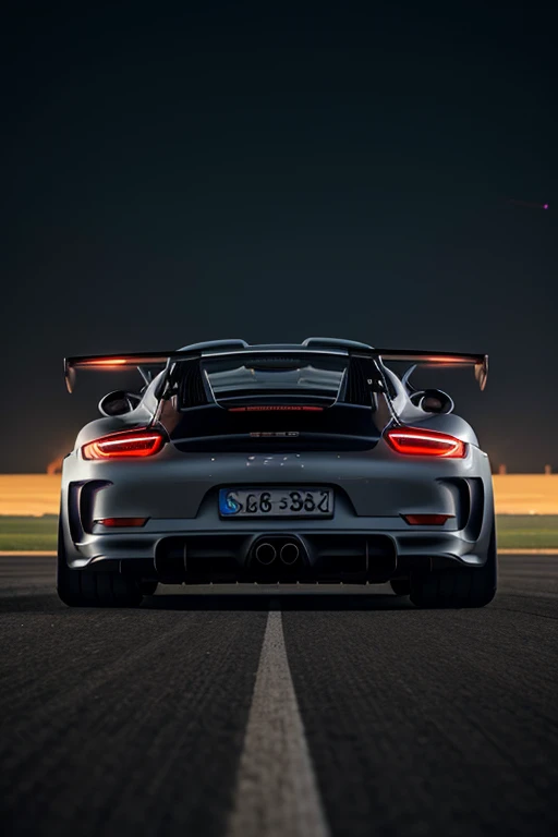 8K, UHD, wide angle side view of (porsche gt3 rs), futuristic car in vanta black, gold ornate decals, in almost dark outdoors, on runway, (intense close-up view of aircraft flying very low overhead:1.2) cinematic, total darkness, (totally dark background:1.1), volumetric mist, ambient occlusion, 