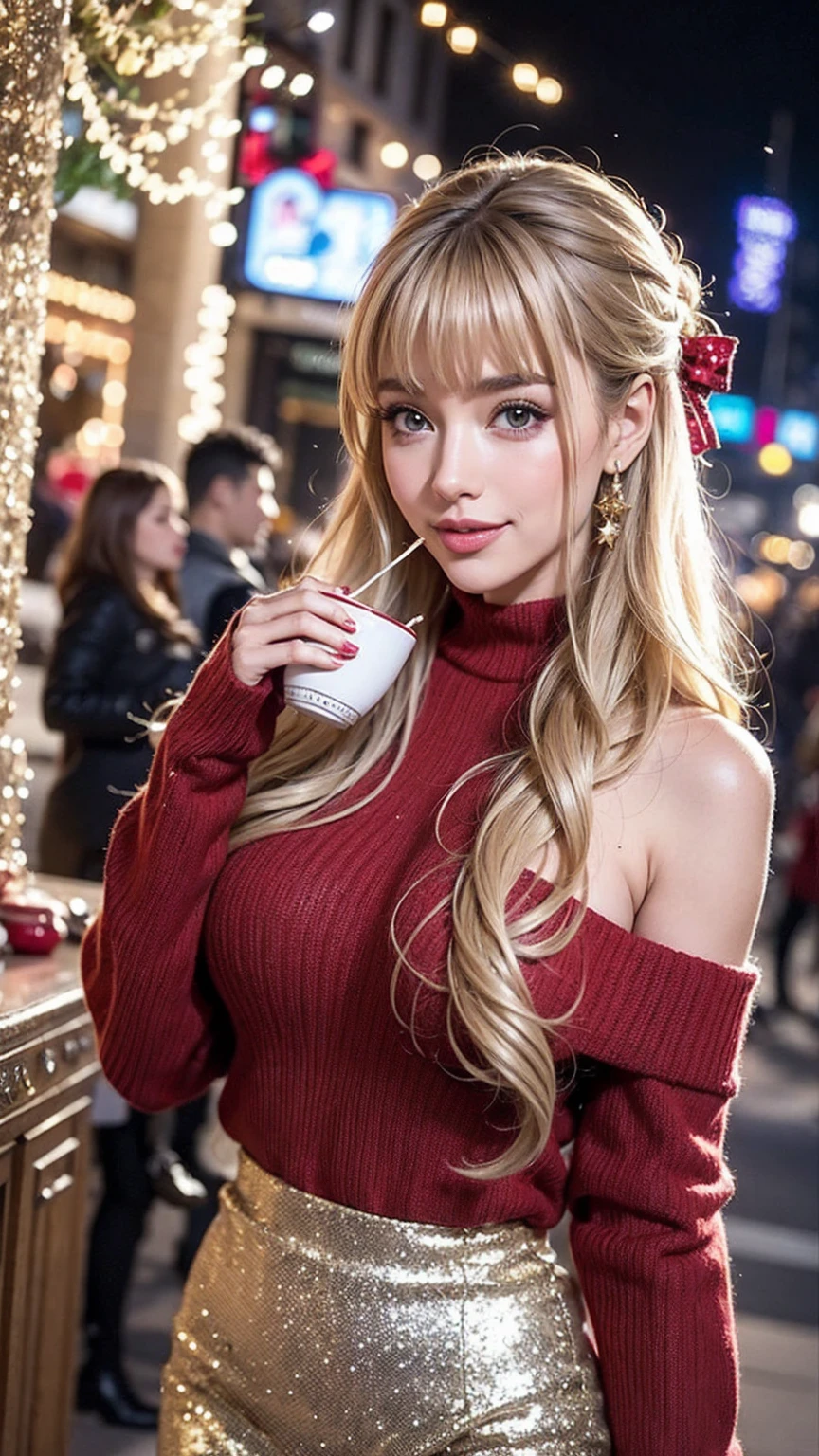In a bustling city square adorned with twinkling holiday lights, a girl with a captivating y2k-inspired outfit eagerly explores the festive atmosphere. Her ensemble features a cozy oversized sweater adorned with nostalgic holiday motifs, paired with glittering sequin leggings that shimmer in the glow of the decorations. With her blonde curly hair styled in a festive updo adorned with sparkling hair clips, she exudes holiday cheer as she admires the festive displays and listens to the cheerful melodies of carolers nearby. As she stops to indulge in a warm cup of cocoa from a nearby vendor, her eyes sparkle with excitement, reflecting the joy of the season. Around her, the air is filled with the scent of roasted chestnuts and the sounds of laughter, creating a magical ambiance perfect for celebrating the holidays.