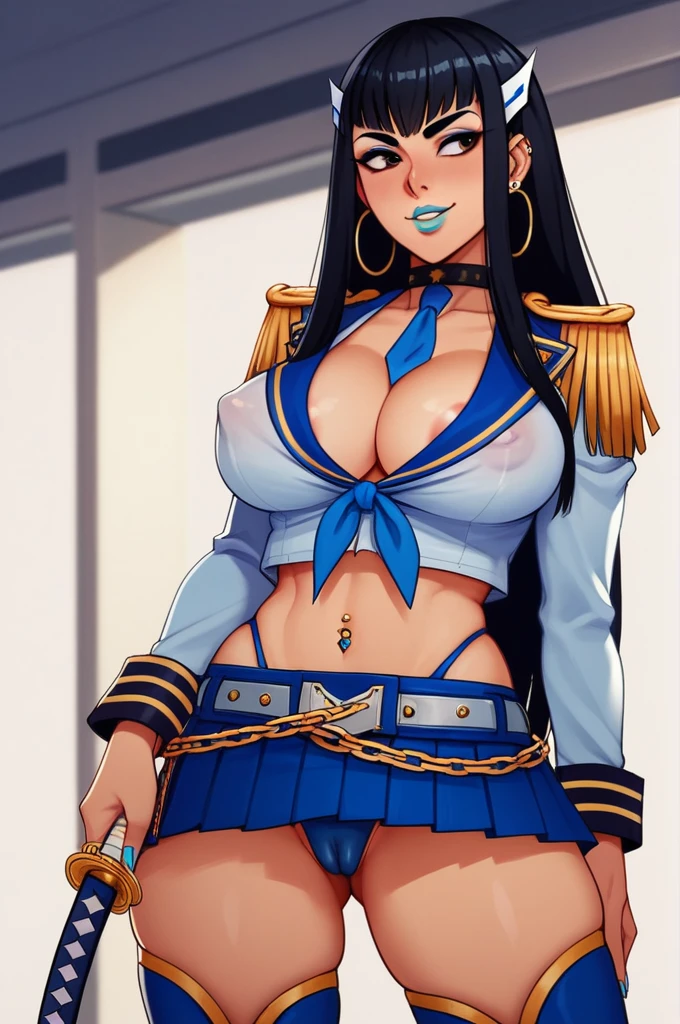 score_9, score_8_up, score_7_up, kiryuuin satsuki, 1girl, solo, black hair, makeup, cyan eyeshadow, cyan lips, jewelry, earrings, hair ornament, long sleeves, junketsu, epaulettes, sailor collar, bikini, cleavage, areola slip, covered nipple, midriff, choker, groves, wrist cuff, navel piercing, miniskirt, piercing, looking to the side, brown eyes, smile, sparkle, cowboy shot, open shirt, pleated skirt, fur, alternate costume, standing, gyaru, chain belt, tie, thigh high boots, skindentation, cameltoe, eyeshadow, parted lips, handbag, katana, whore, slut, prostitute