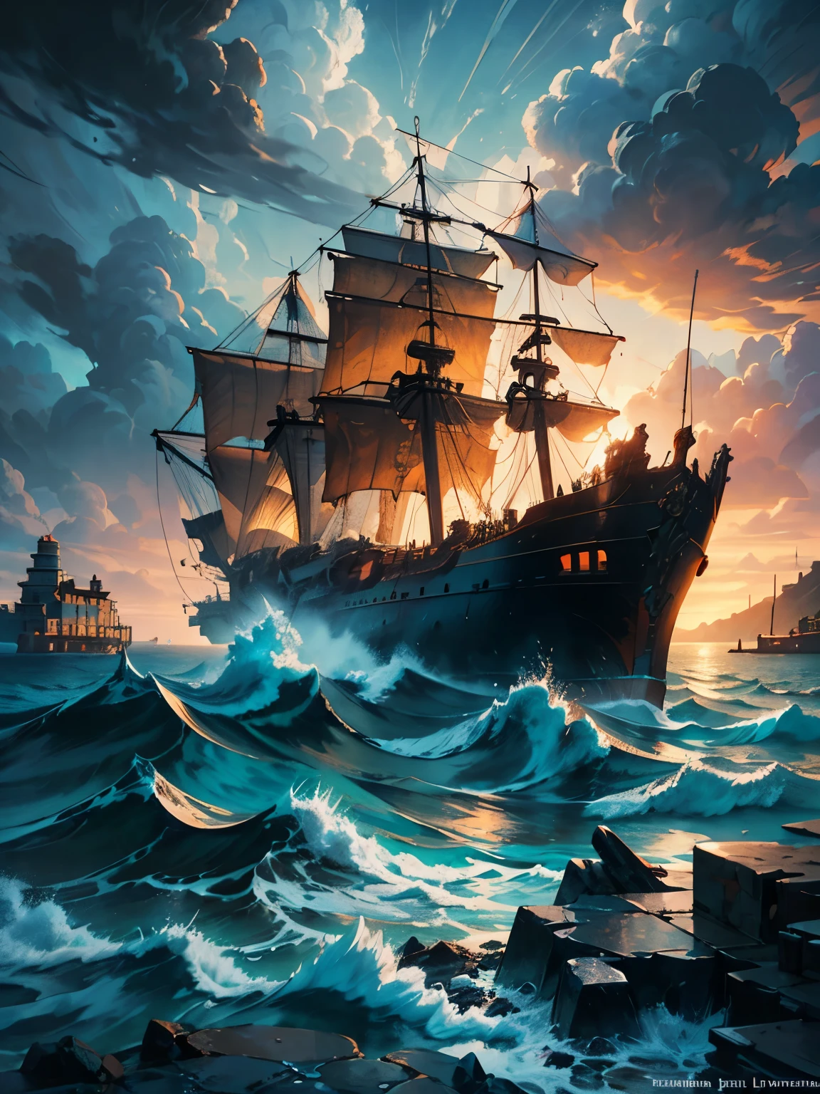 Surreal art of a pirate ship in the midst of a sea storm of large waves, an ancient column immersed in the abstract, swirling waves of the sea, billowing in the stormy air as the spectacular setting sun paints the sky. with red clouds, dark clouds intertwined with lightning and a gentle drizzle, watercolor style masterpiece with a dodge effect creating a stormy sky, ancient Greek city blurred in the distance, ancient city in fog, lighthouse shining, the lighthouse illuminates the sea, old galeon ship battered by storm, art realistic oil painting,