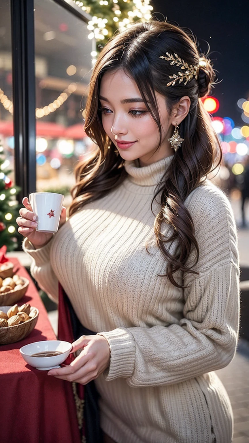 Beautiful asian woman, long hair, big breasts  ultra realistic, perfect face, long hair, full body photo, sexy smile, standing pose, cafe, elegant pose,