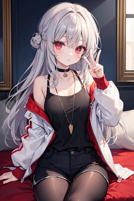 masterpiece, Highest quality, beautiful, high resolution, perfect anatomy, Beautiful gray hair、Beautiful red eyes、Longhaire、Tank tops、shortpants、a choker、 pantyhose, jacket, selfie style、selfee、piece、piece sign、 8K、a beauty girl、 Nice、 Beautiful hair、 Beautiful eyes、 Beautiful skin、Beautiful legs、Beautiful arms、Perfect fingers、 Very cute、 Very kawaii、