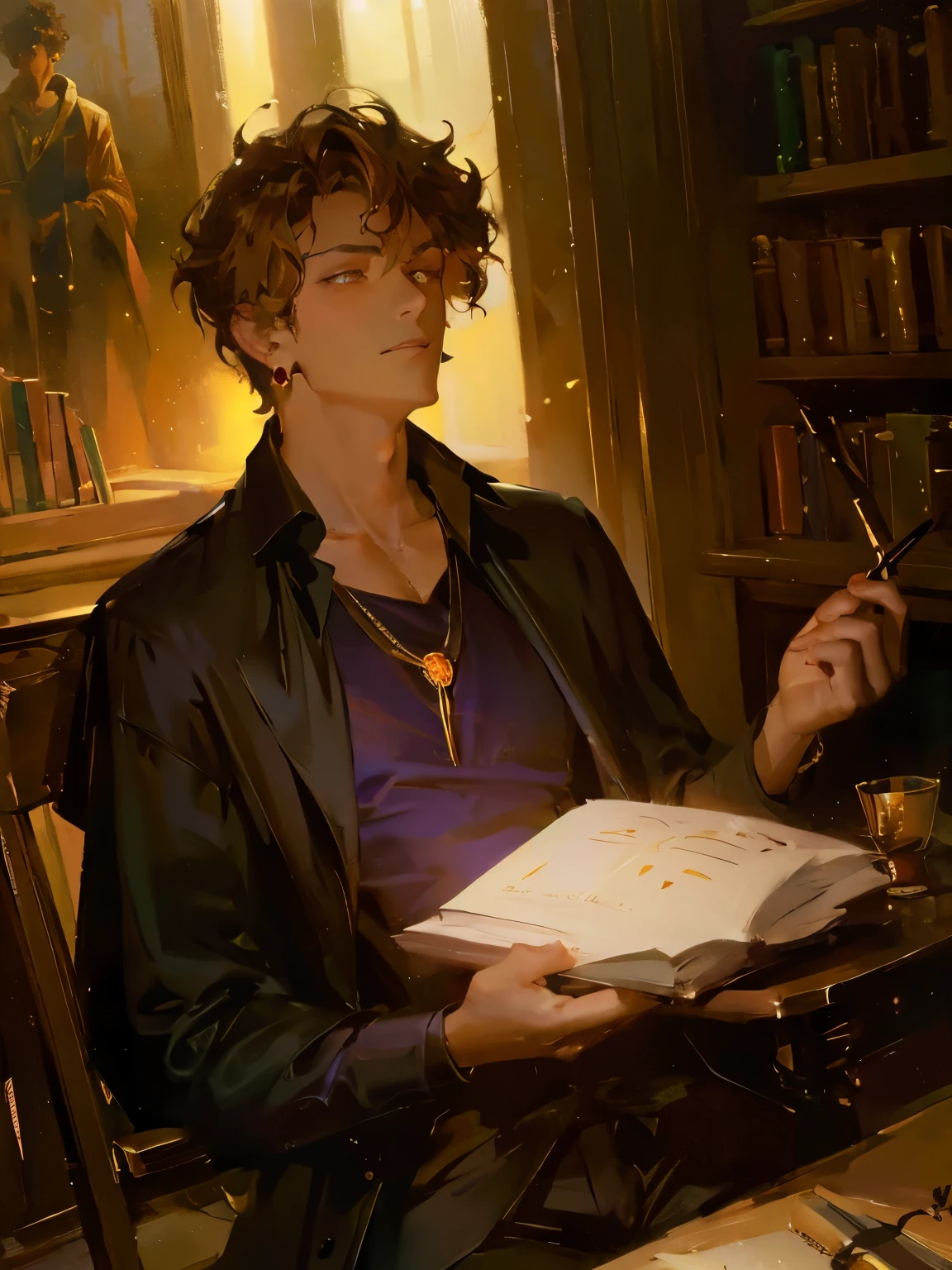 (masterpiece, best quality, high quality, highres:1.2), modern upper body, shoulders, ((male)), adult man, 27yo, tan skin, short messy hair, ((light hair)), messy hair, (curly hair), gold eyes, glowing eyes, hair over forehead, necklace, t-shirt, portrait, lost gaze, library background, (dark background), front, dark clothes, dramatic lighting, face in shadow, warm tones, dark academia, loose shirt, earrings, interior background, magic particles, painterly illustration, Artstation, impressionism painting, realistic, 1boy, fortune teller, book on a table, looking at viewer, dark skin, mystical, magical, glow, glowing, dark magical lighting, moody, cinematic, sparkle, glittering, darkness