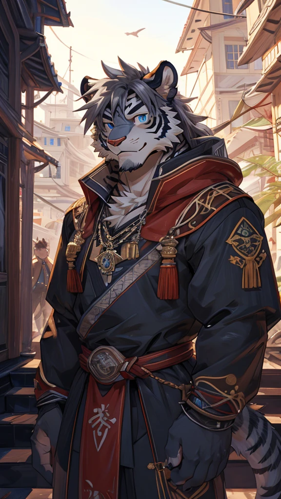Solo, tiger, black tiger, tiger male, gray hair, long hair, deep gray body fur, muscular male, young male, deep blue eyes, wearing Chinese general clothes ,gray fur tuft, eastern necklace, blue sky background, morning, ( by Sollyz, masterpiece, 8k, hd), Looking at viewer, smiling, detailed face, detailed eyes, detailed hair, detailed muscles, detailed clothes, Genshin,
