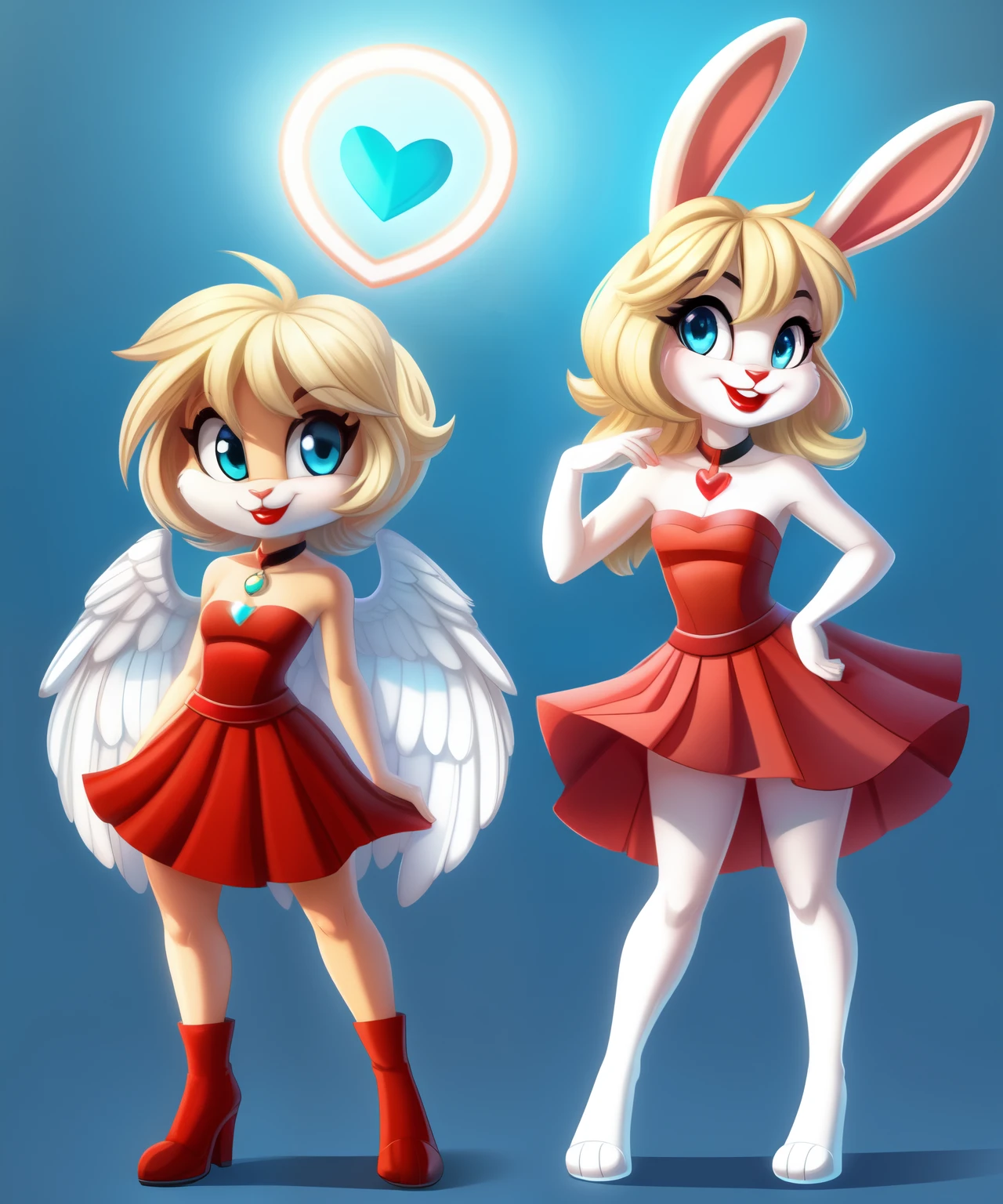 Andromeda the female anthro angelic rabbit, halo, white soft wings, blue eye shadows, red shiny lipstick, aquamarine eyes, blonde red heart shaped strapless dress, skirt, cyan bun hair, lop rabbit ears, ager, tiny toons style, full body concept art